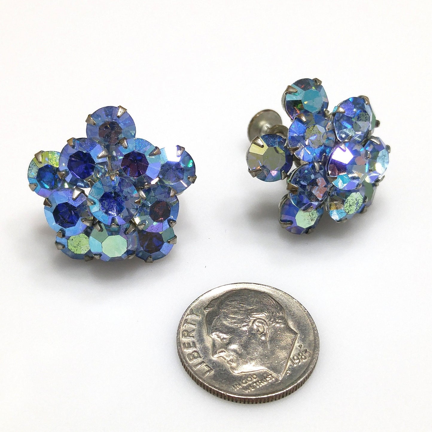 Weiss Blue Aurora Borealis Earrings, Screw Back Gold Plated, 1950s Vintage