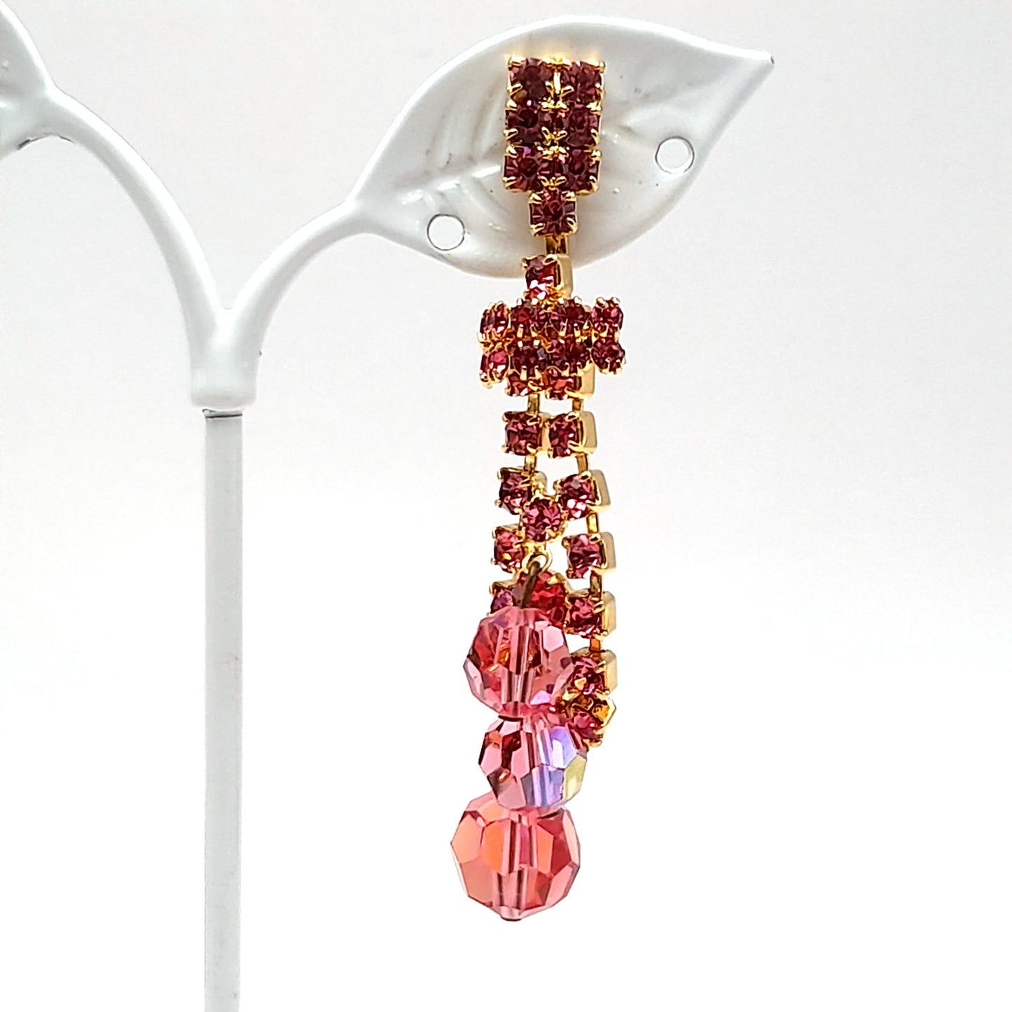 Vintage Pink Rhinestone Crystal Drop Clip On Earrings