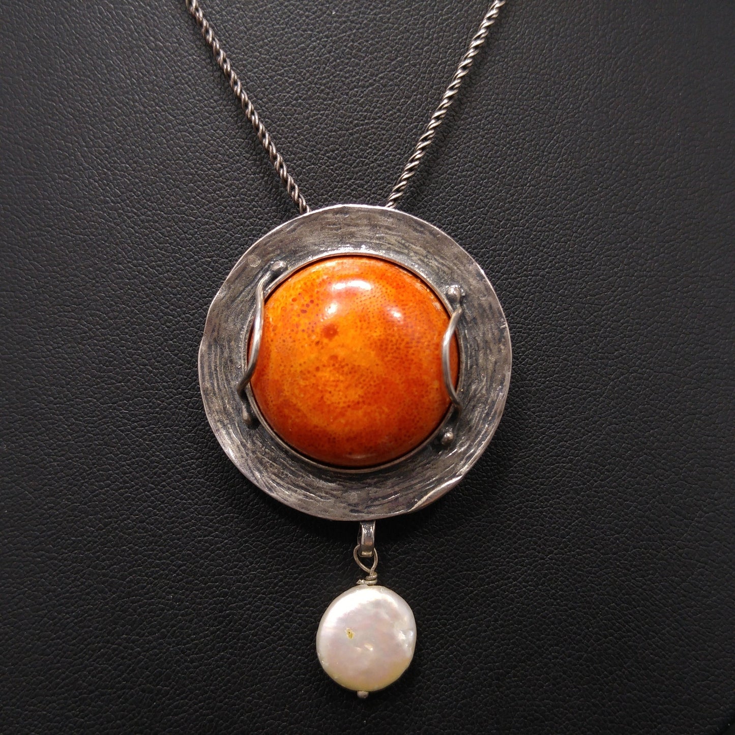 Sterling Silver Israel Artisan Pendant Necklace, Faux Pearl Dangle, 1990s Vintage Jewelry