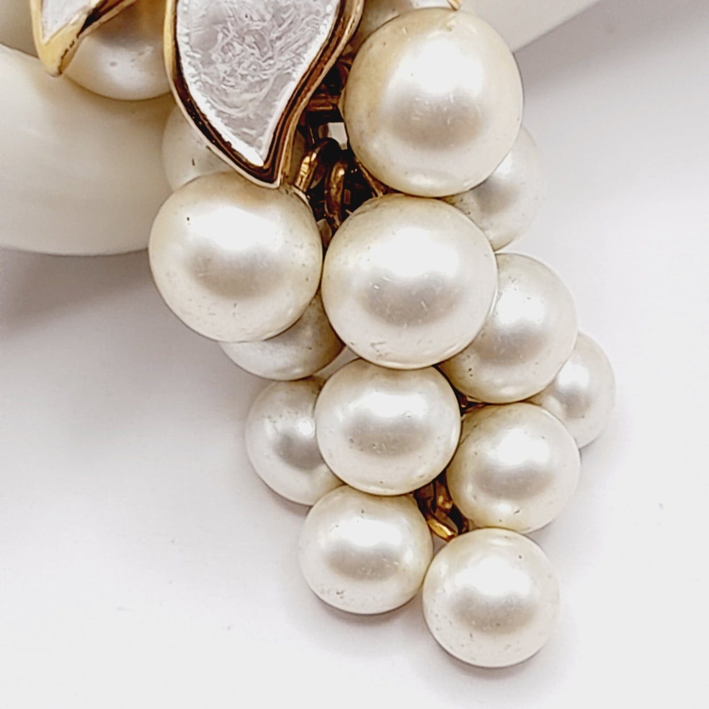 Vintage Alice Caviness Grape Cluster Brooch, White Enamel Leaf, Faux Pearl Berries, Gold Tone Pin, Mid Century Jewelry