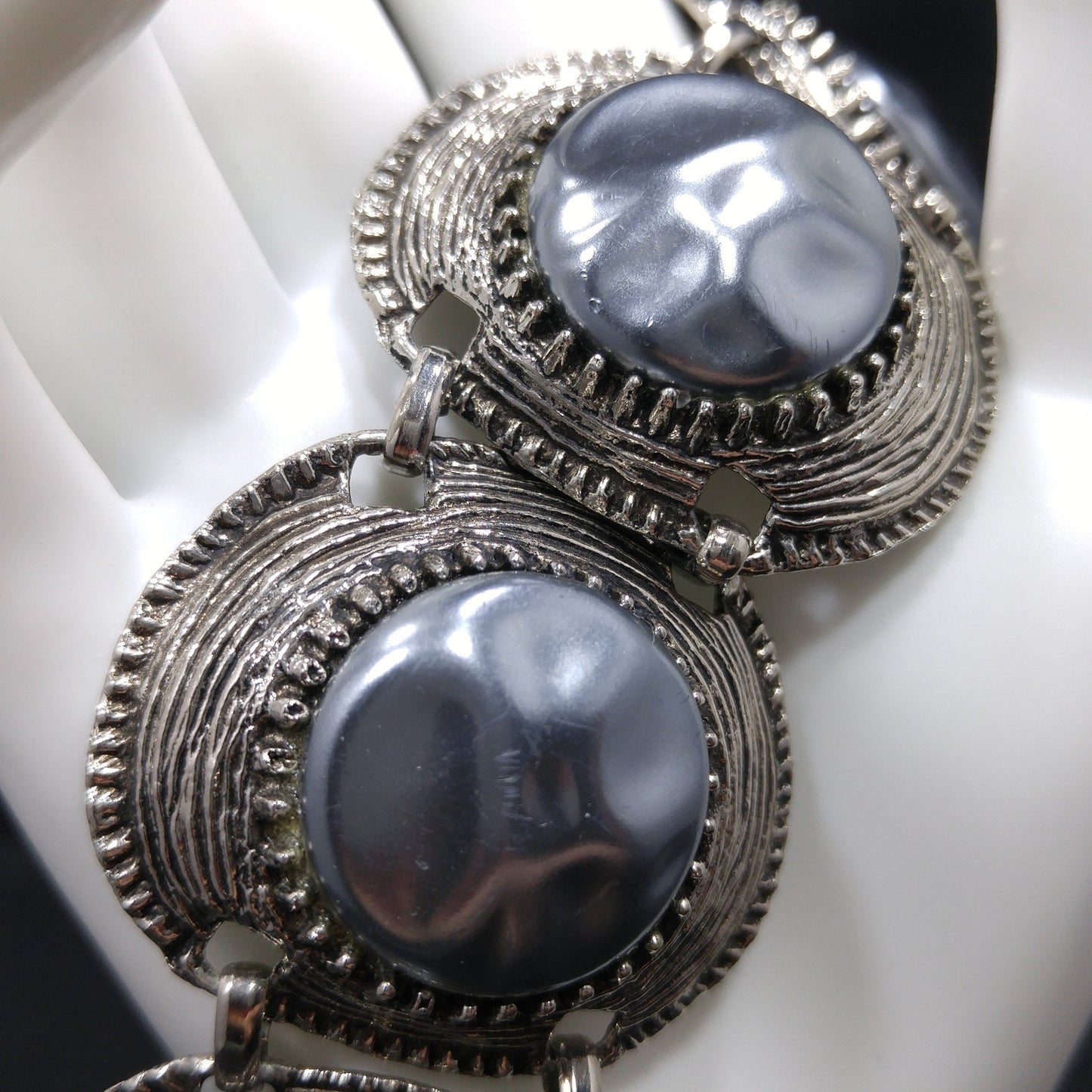 Mid-century Silver Chunky Five Link Bracelet, Gold Plated, Blue Lucite Metallic Pearled, 1960s Vintage Jewelry