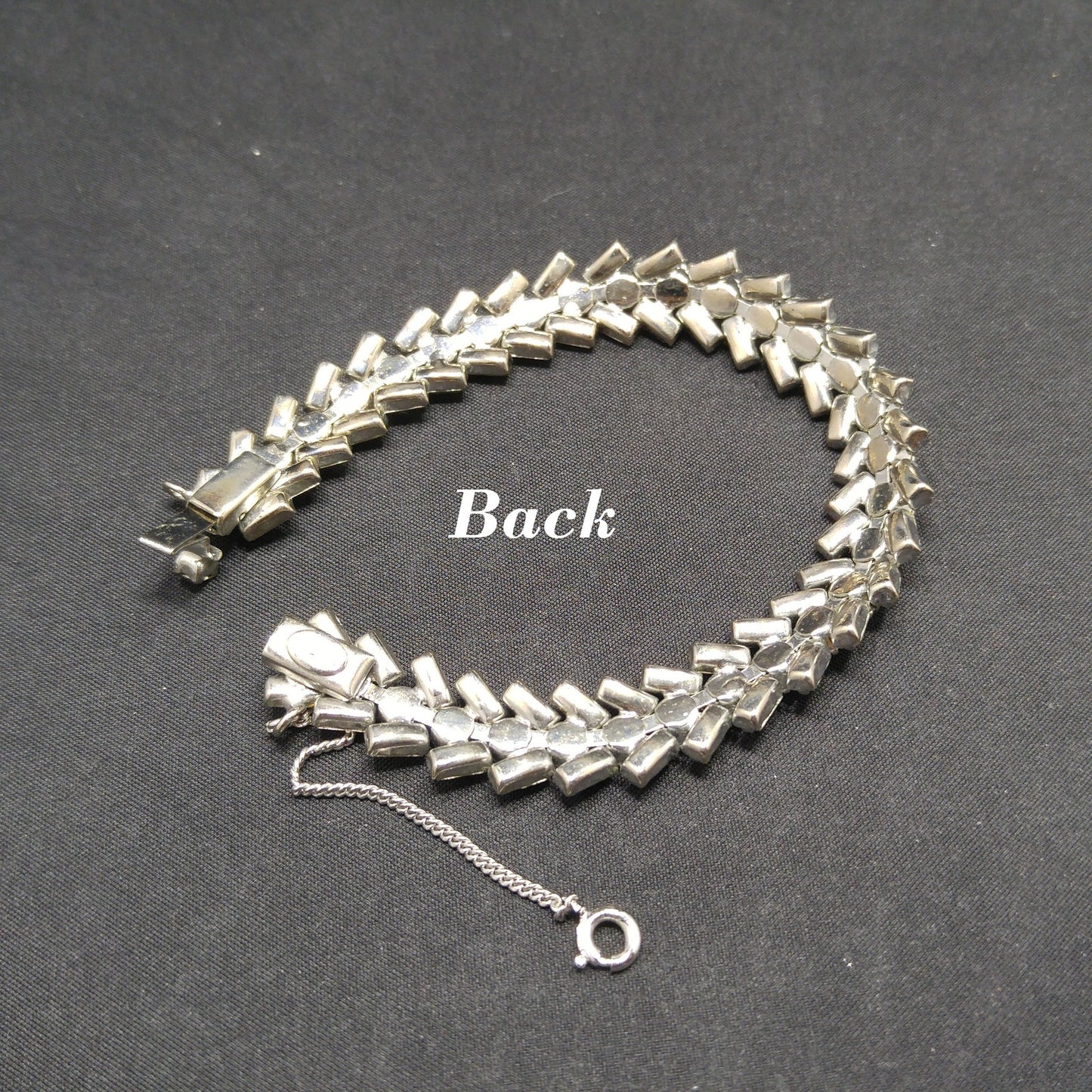 Weiss Clear Rhinestone Bracelet, Rhodium Plating, Safety Chain, 1940s Weiss