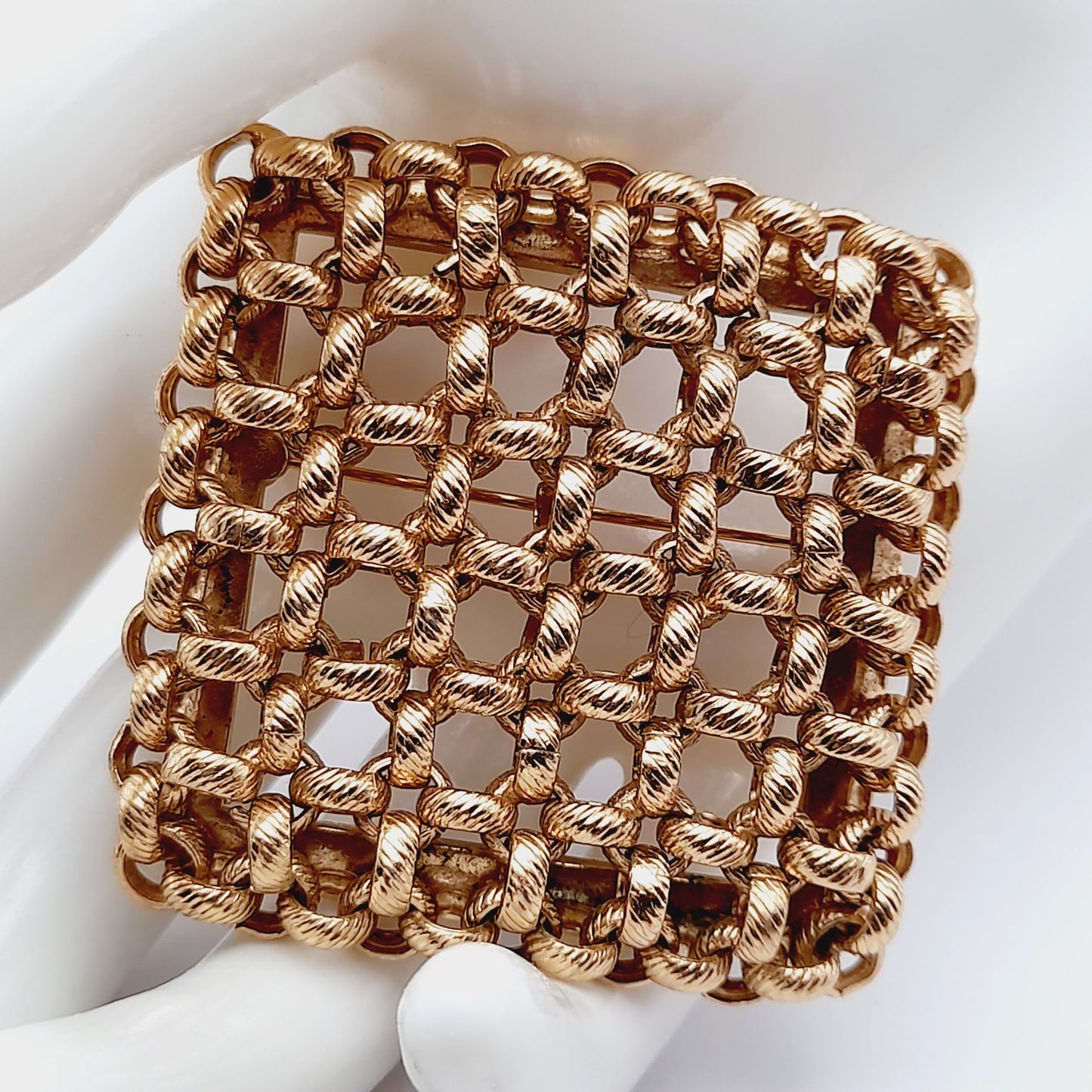 Vintage Monet Gold Plated Woven Square Brooch – 1980s Statement Designer Jewelry
