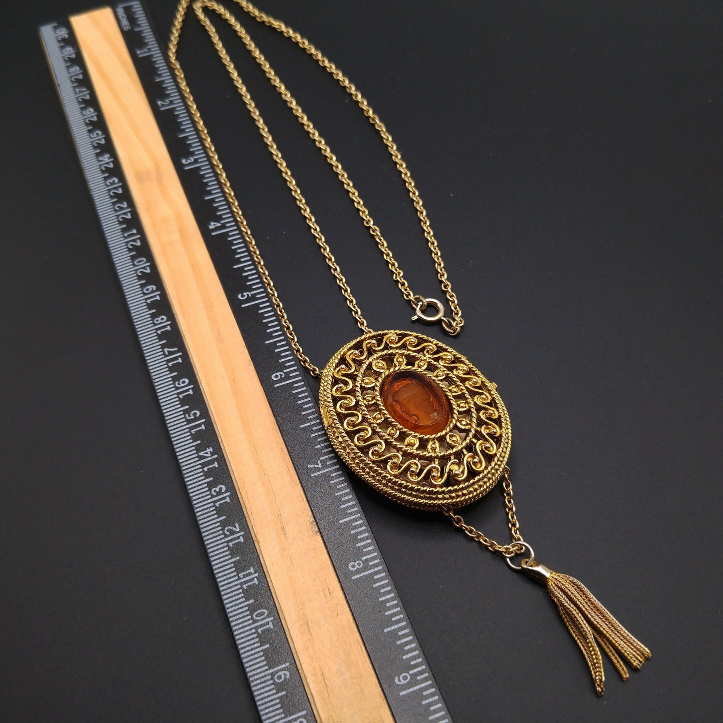 Glass Cameo Perfume Locket Necklace, 30" Chain, 1960s Vintage Jewelry