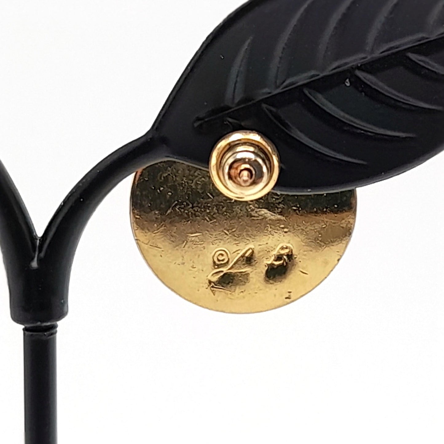 Vintage Laurel Burch Bamboo Post Earrings, Gold Plated, Black Brown Enamel, 1980