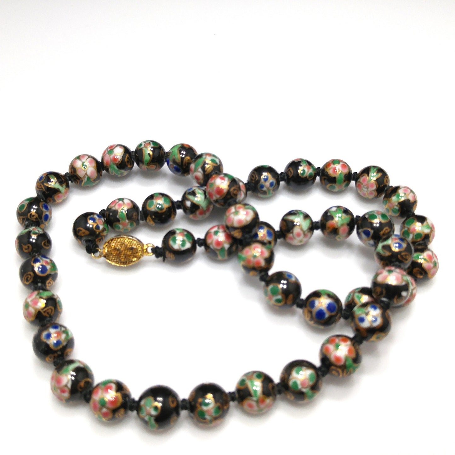 Vintage Black Cloisonné Floral Beaded Necklace, Pink Green Flowers, 1960s Vintage Jewelry