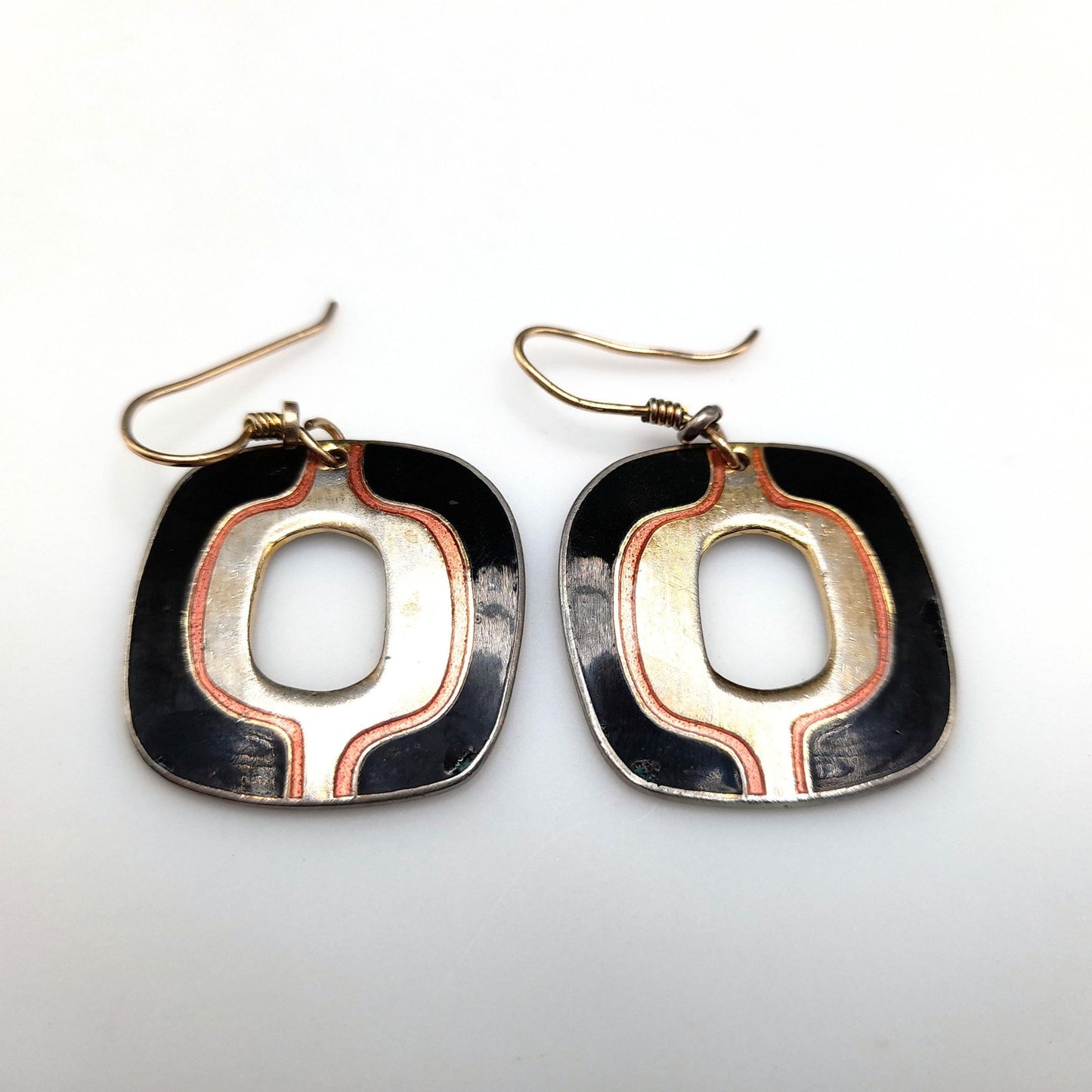 Vintage Laurel Burch Black Gold Drop Earrings, Open Center, Pink Metallic Ring