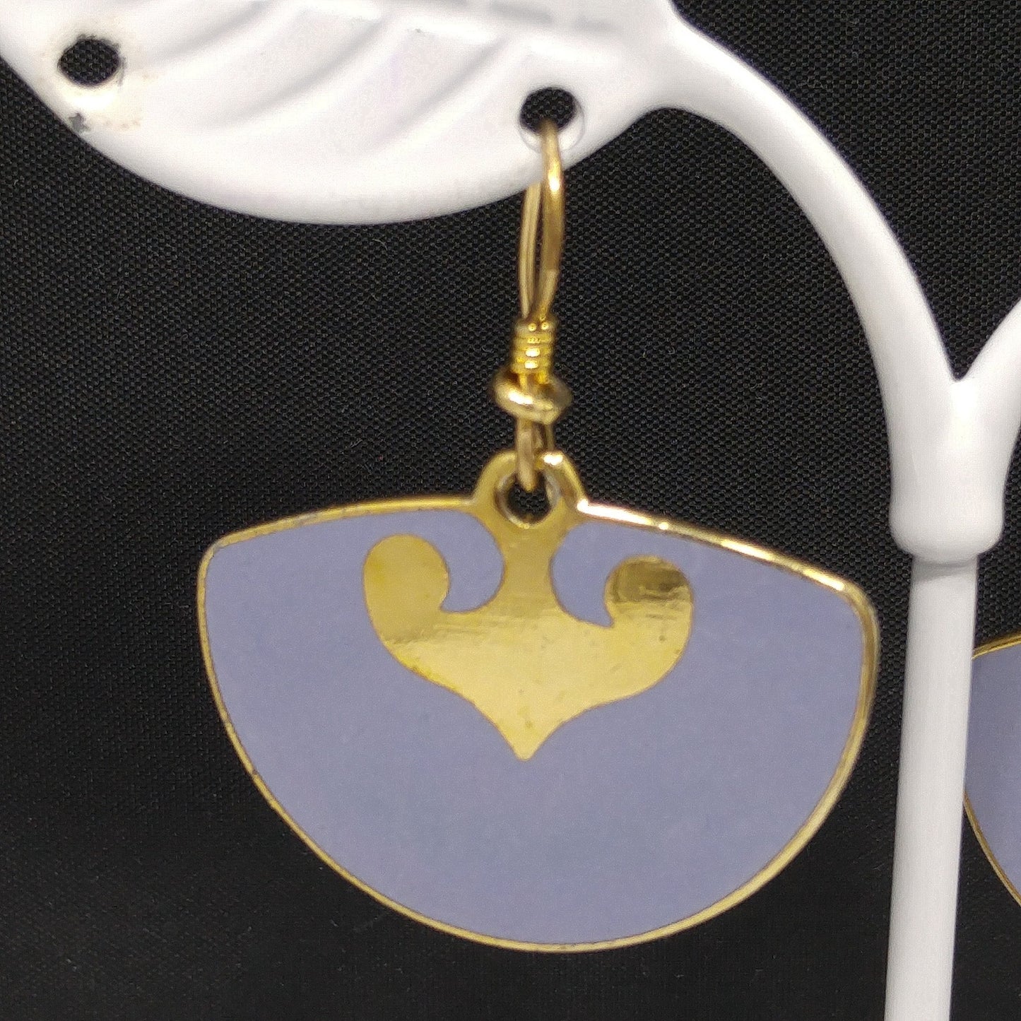 Vintage Laurel Burch Fan Earrings, Gold Plated, Lavender Enamel