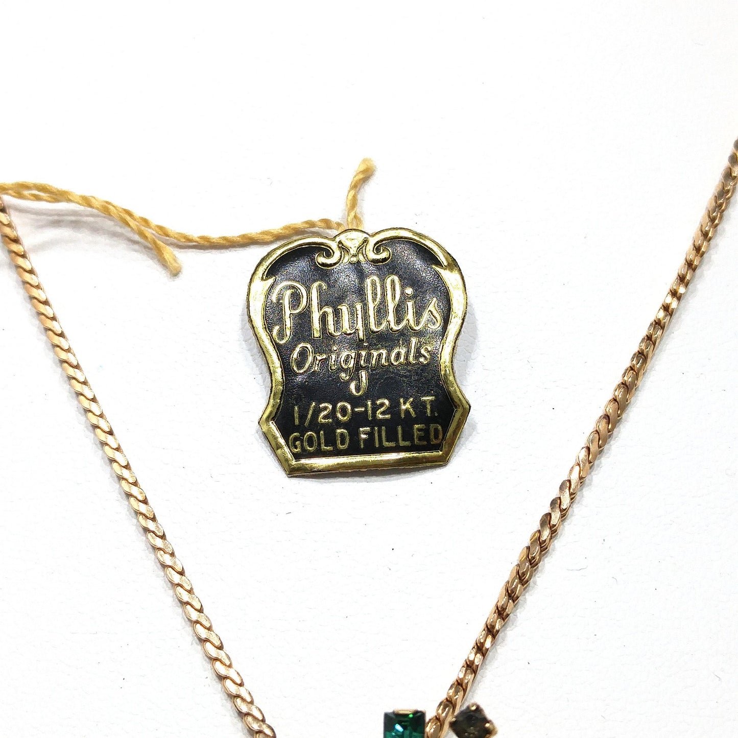 Phyllis Originals Green Rhinestone Pendant Brooch Necklace, Gold Filled, Paper Tag, 1950s Vintage Jewelry