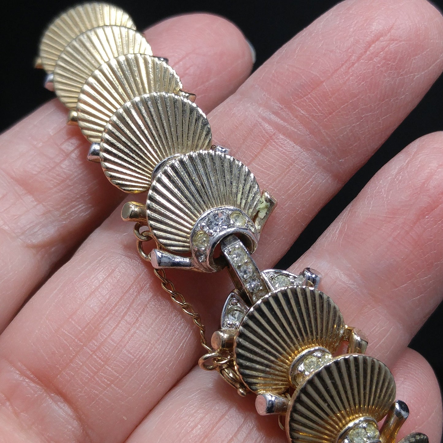 Boucher Deco Fan Bracelet, Clear Rhinestones, Overlapping Links, 1960s Vintage Jewelry