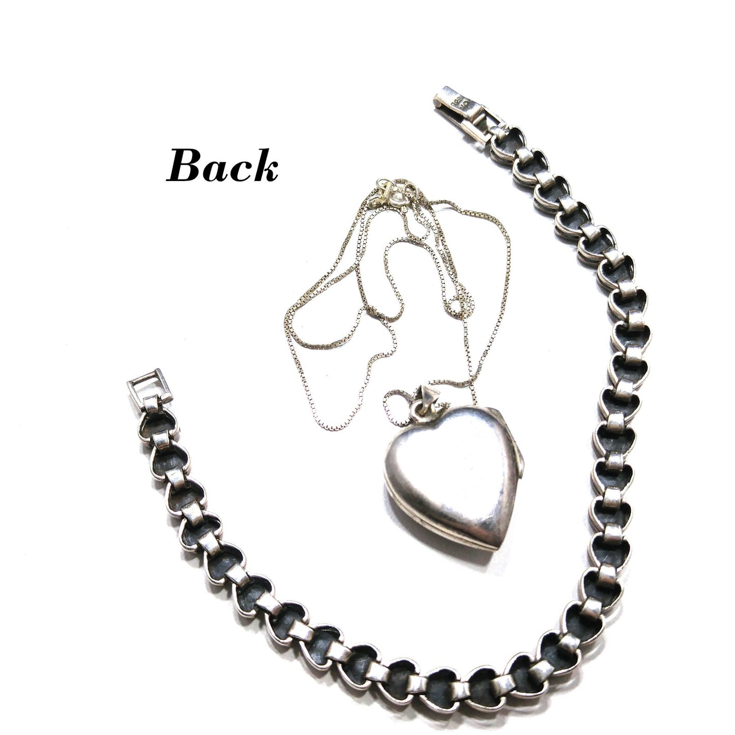 Marsala Silver Heart Locket Necklace & Bracelet, 925 Box Chain, 1980s Vintage Jewelry