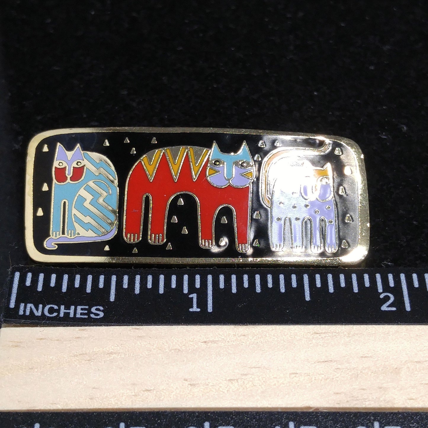 Laurel Burch "Fantastic Felines" Enamel Brooch, Gold Plated Cloisonne, 1980s