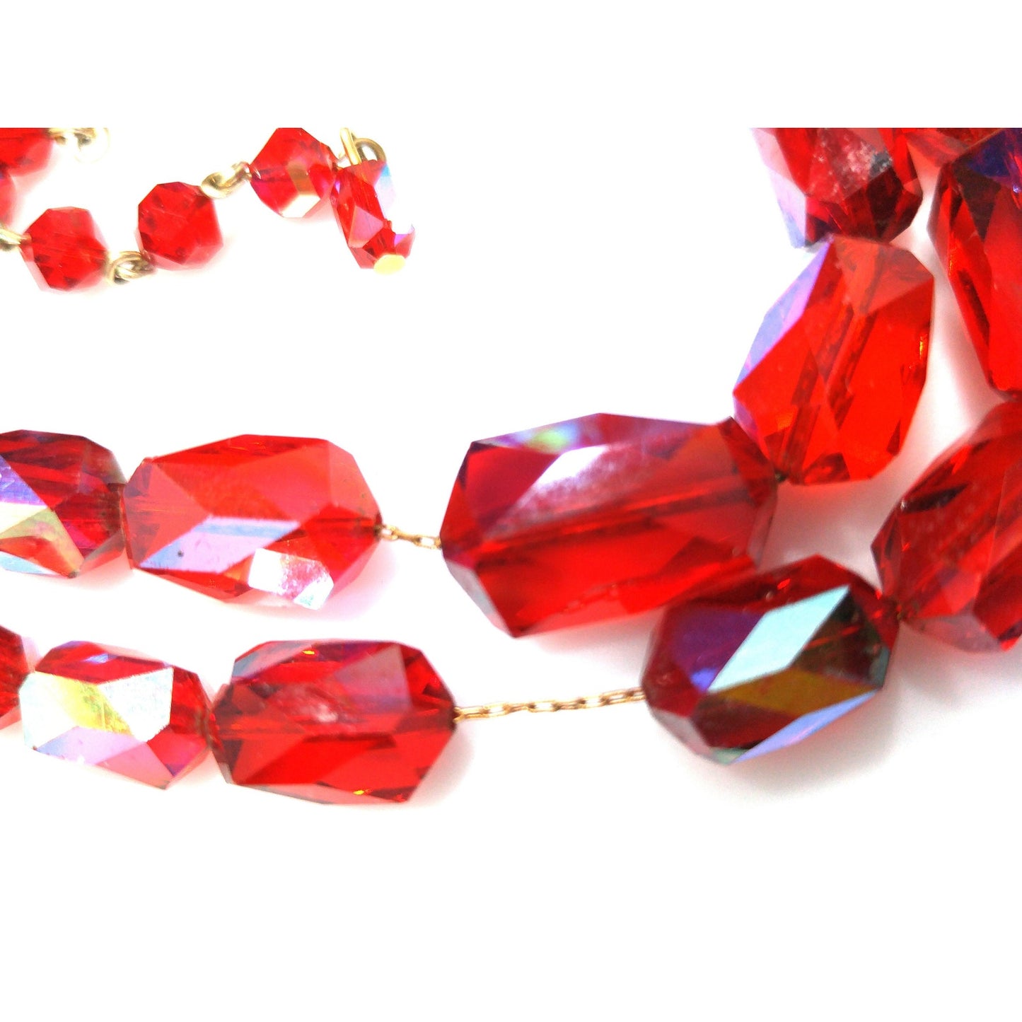 Red Aurora Borealis Graduated Beaded Two Strand Necklace on Chain, 1970s Vintage Jewelry