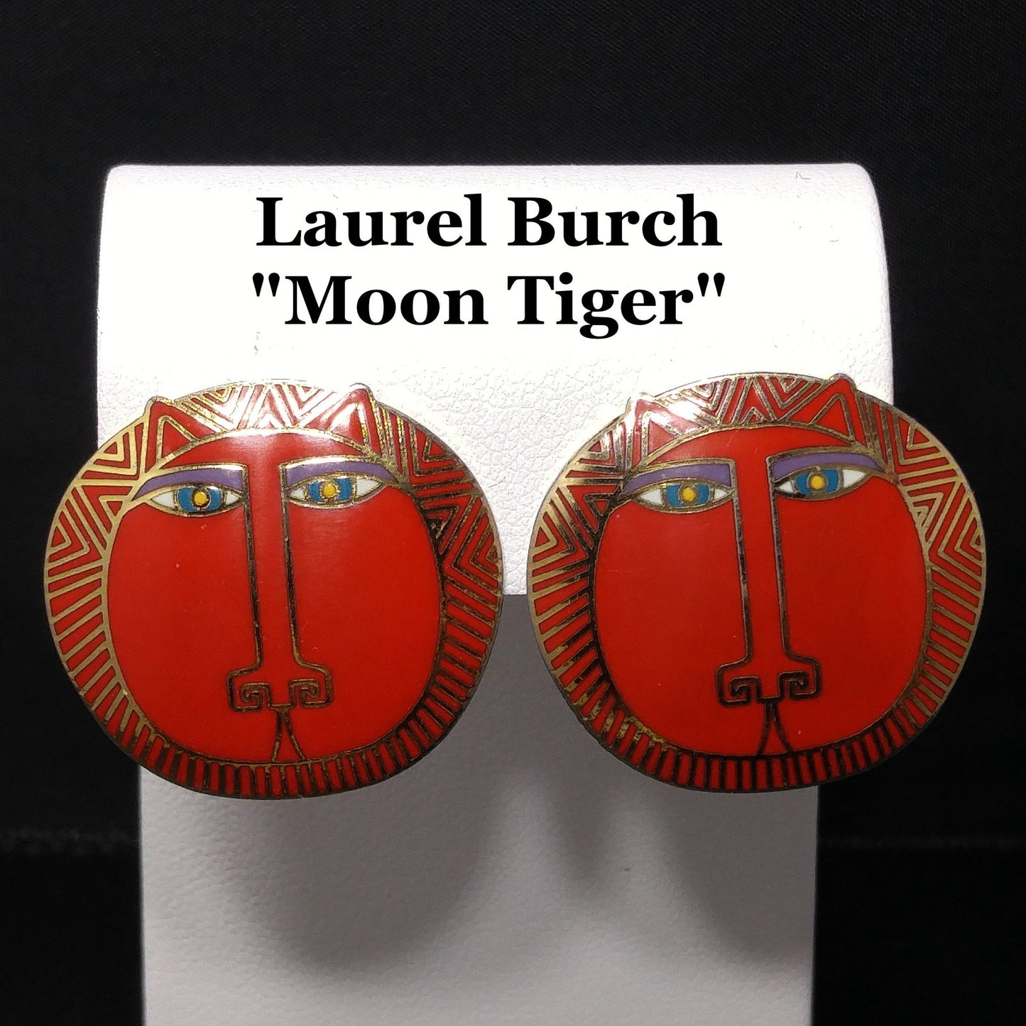 Vintage Laurel Burch "Moon Tiger" Red Post Earrings, Gold Plated