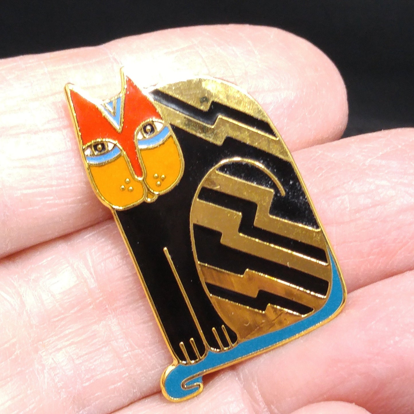 Laurel Burch "Fantasticat" Cat Brooch, Cloisonne Gold Plate, Enamel Pin, 1980s Vintage Jewelry