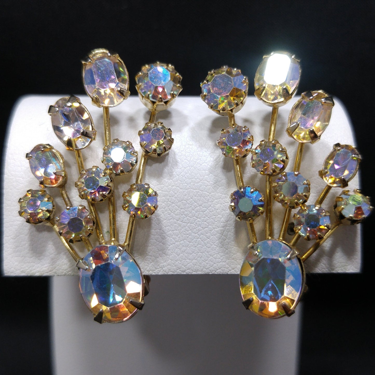 Weiss Aurora Borealis Ear Climber Earrings, Gold Plated, 1950s Vintage Jewelry
