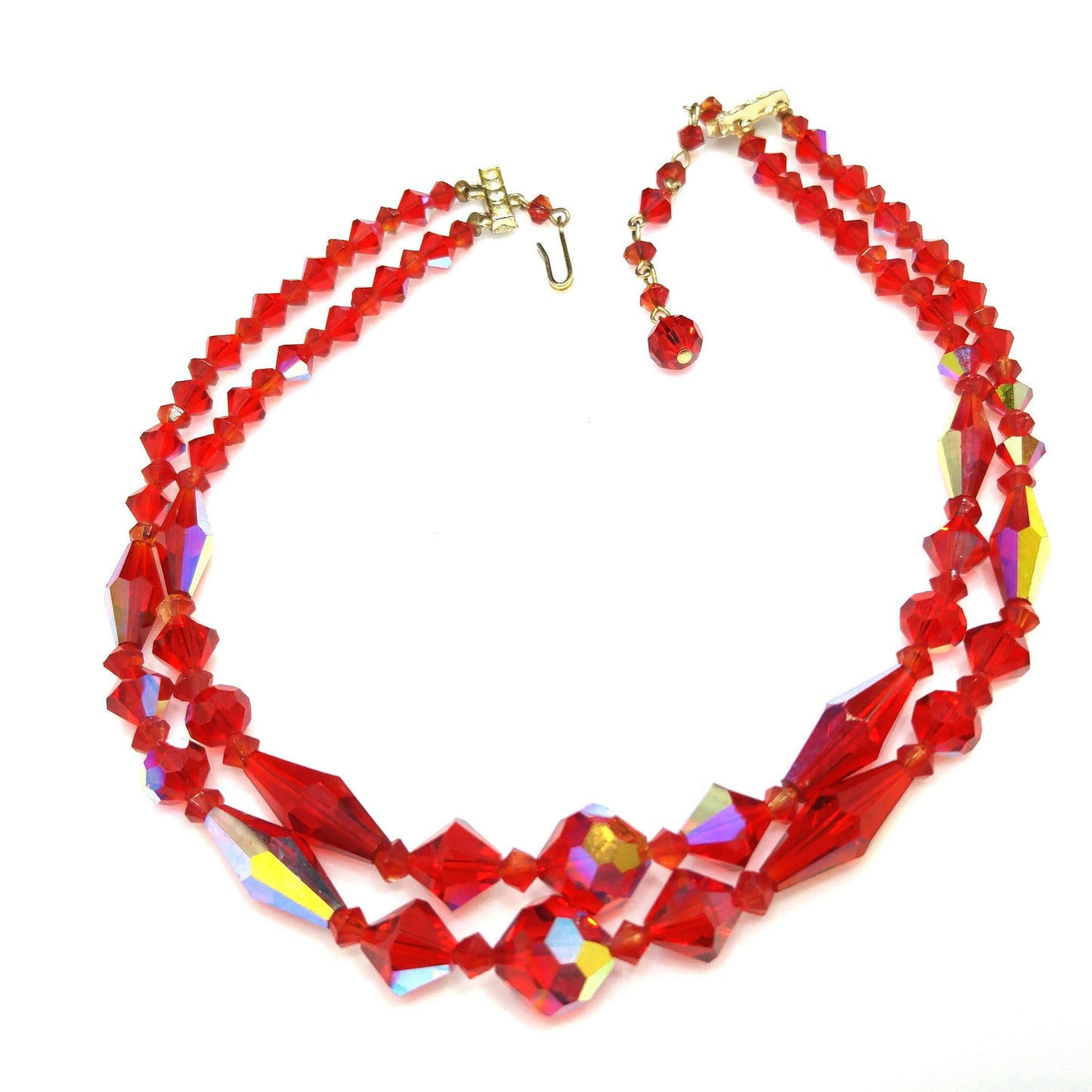 Red Aurora Borealis Crystal Beaded Necklace, Two Strands, 1950s Vintage Jewelry