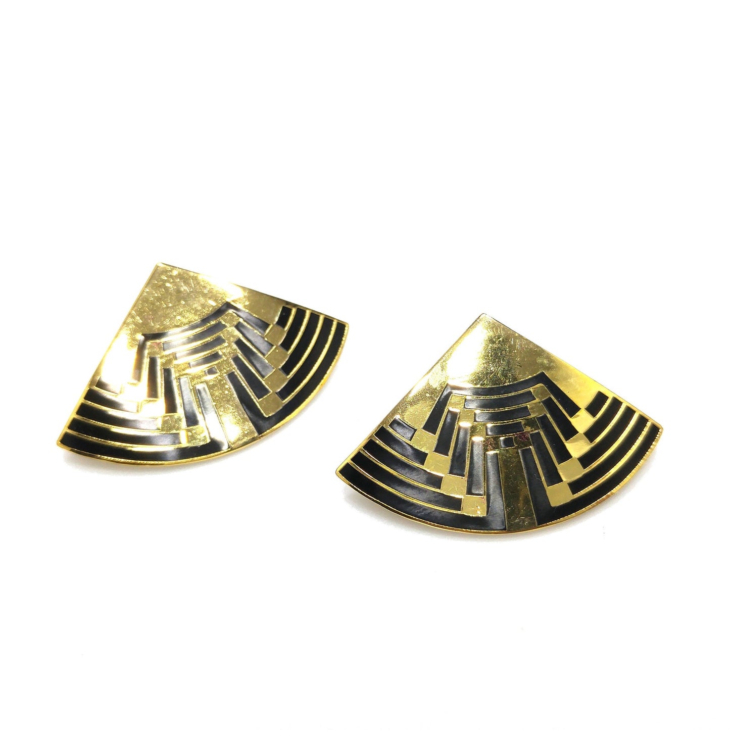 Vintage Laurel Burch Large Fan Post Earrings, Black Enamel, Gold Plated