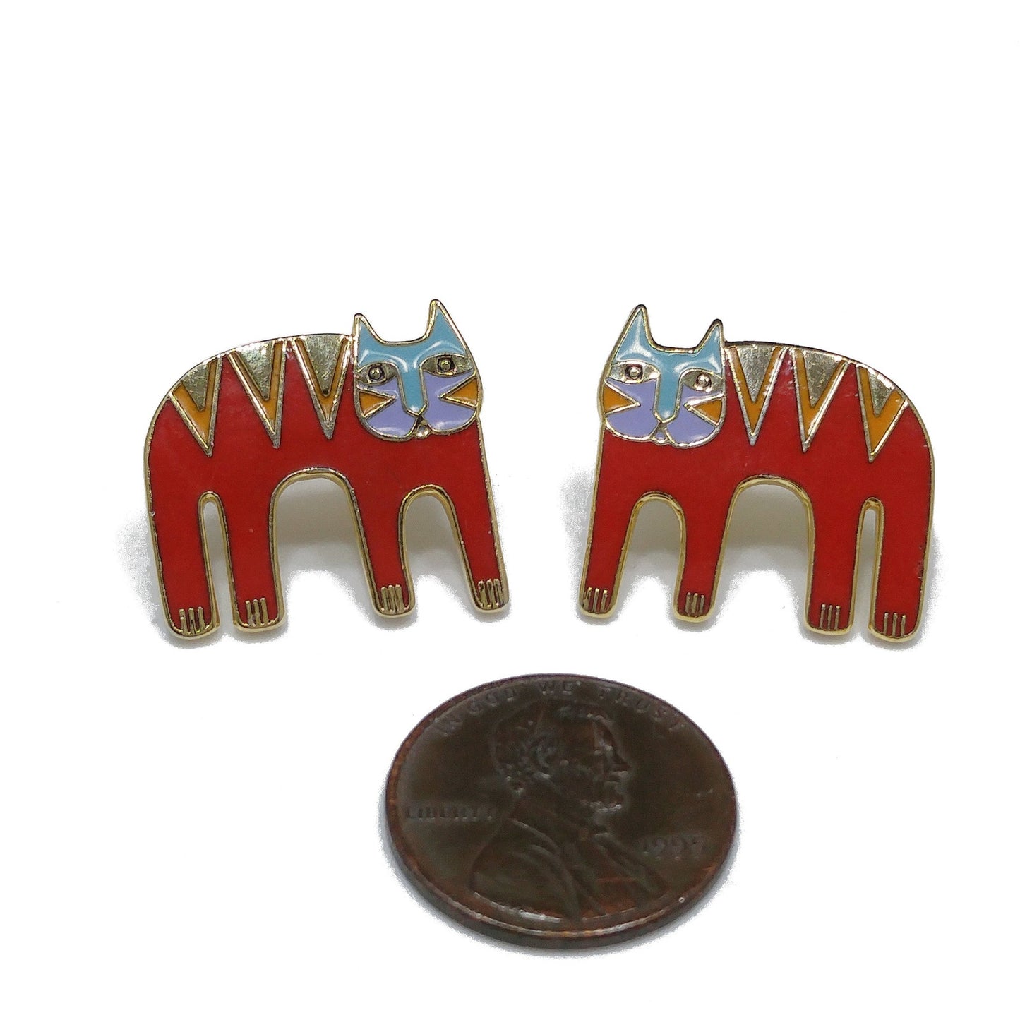 Vintage Laurel Burch Red Cat Post Earrings, Gold Plated Enamel