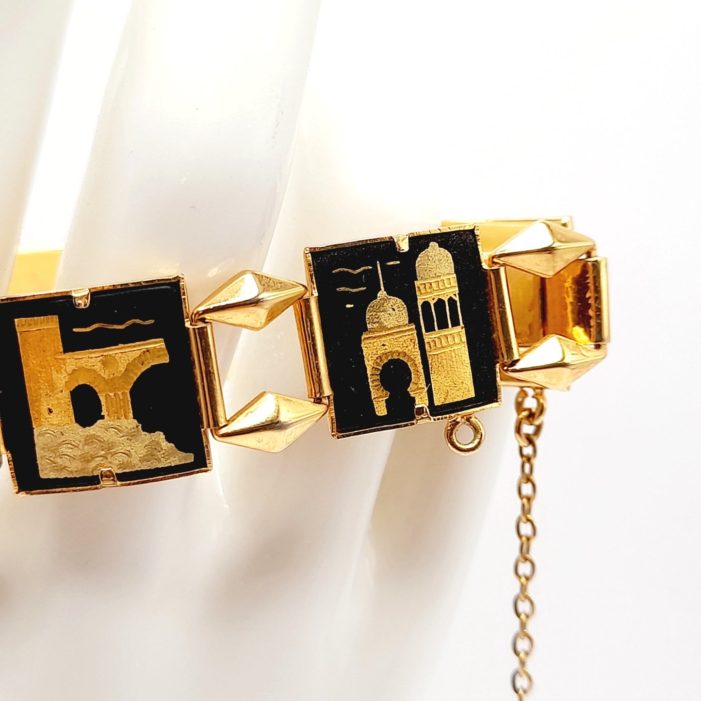 Vintage Damascene Castle Link Bracelet, Spanish Gold Black Jewelry, 7 Inch Chain