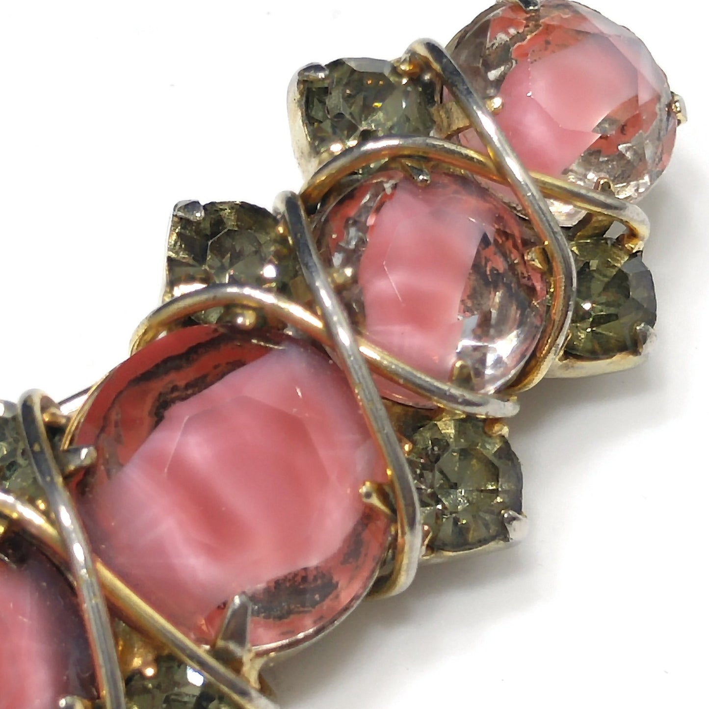 Hattie Carnegie Pink Art Glass Brooch, Gold Plated, Wire Wrapped, 1960s Vintage Jewelry