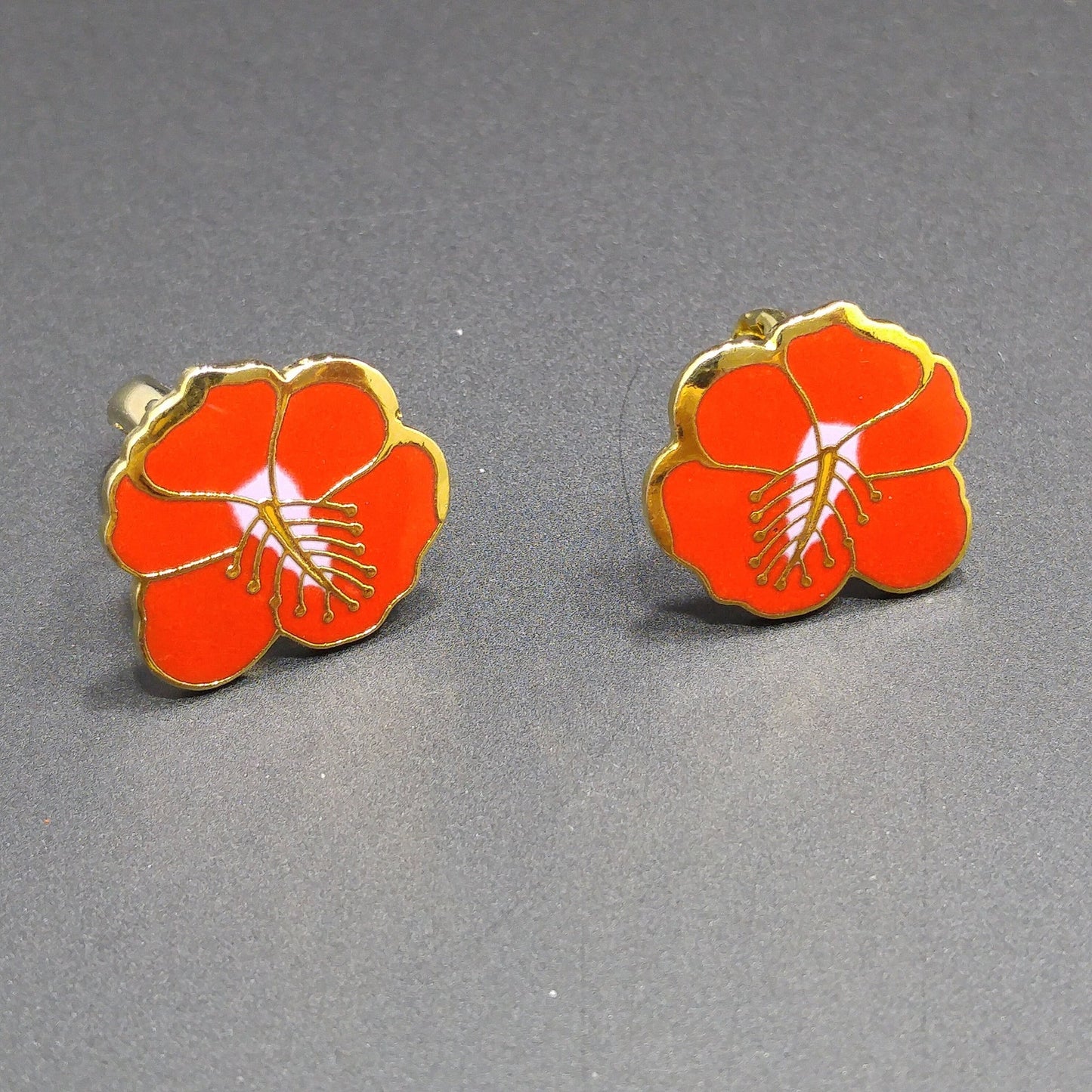 Vintage Laurel Burch Red Hibiscus Clip Earrings, Gold Plated