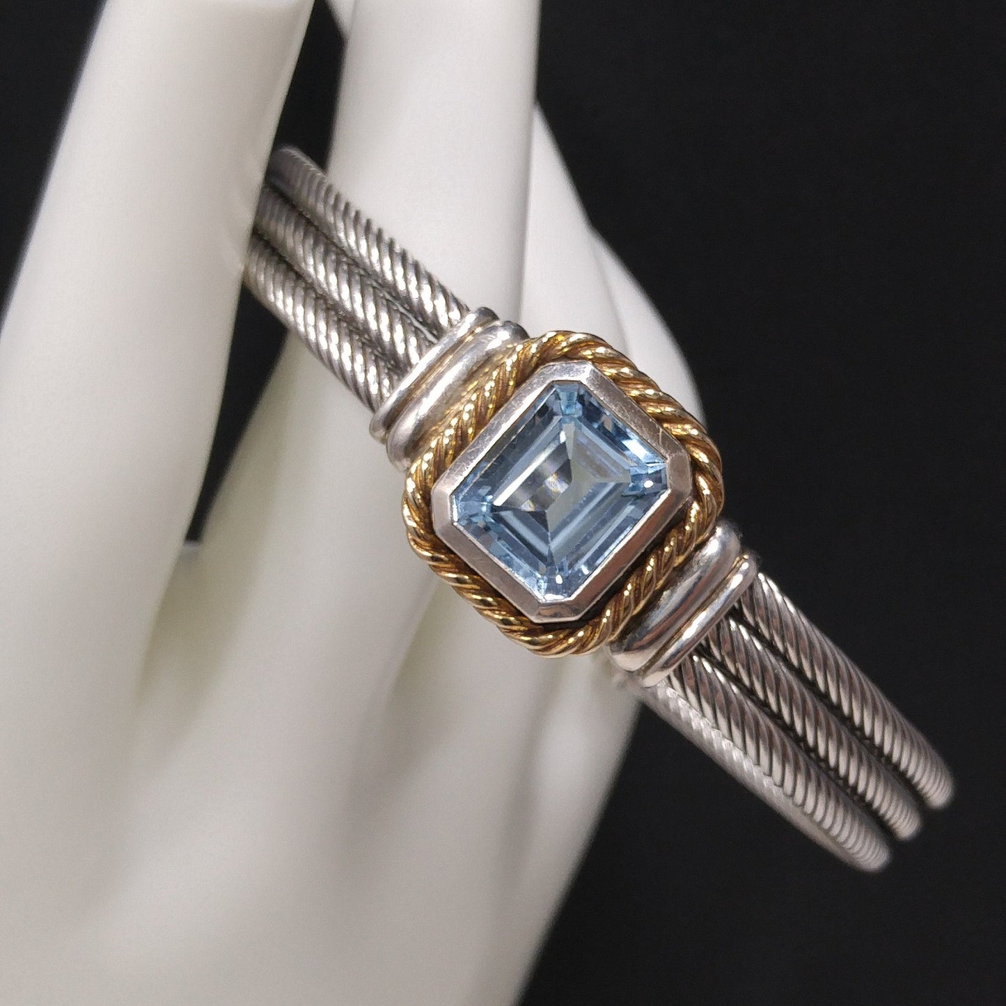 Blue Topaz Sterling Gold Trim Cuff Bracelet, Thailand 925 14K, 1990s Vintage Jewelry
