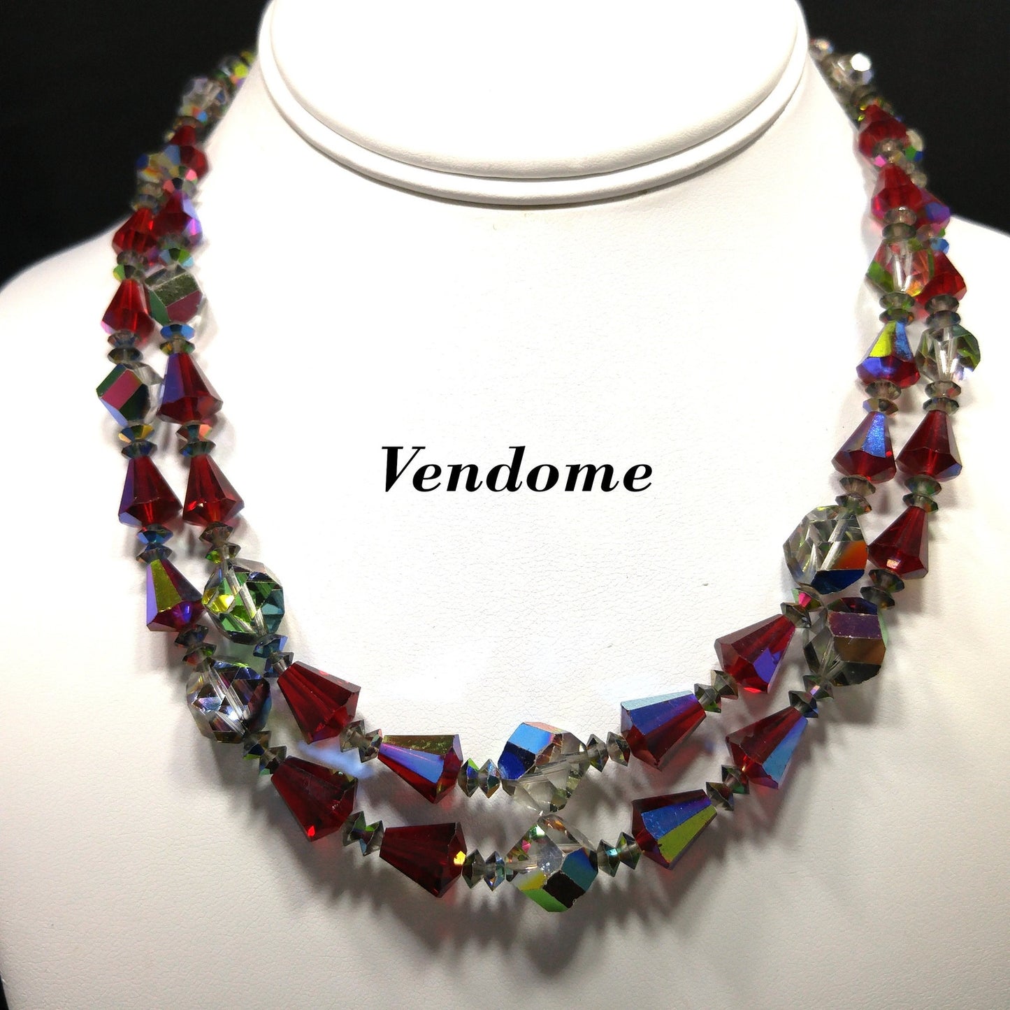 Vendome Red Crystal Two Strand Necklace, Aurora Borealis, 1960s Vintage Jewelry
