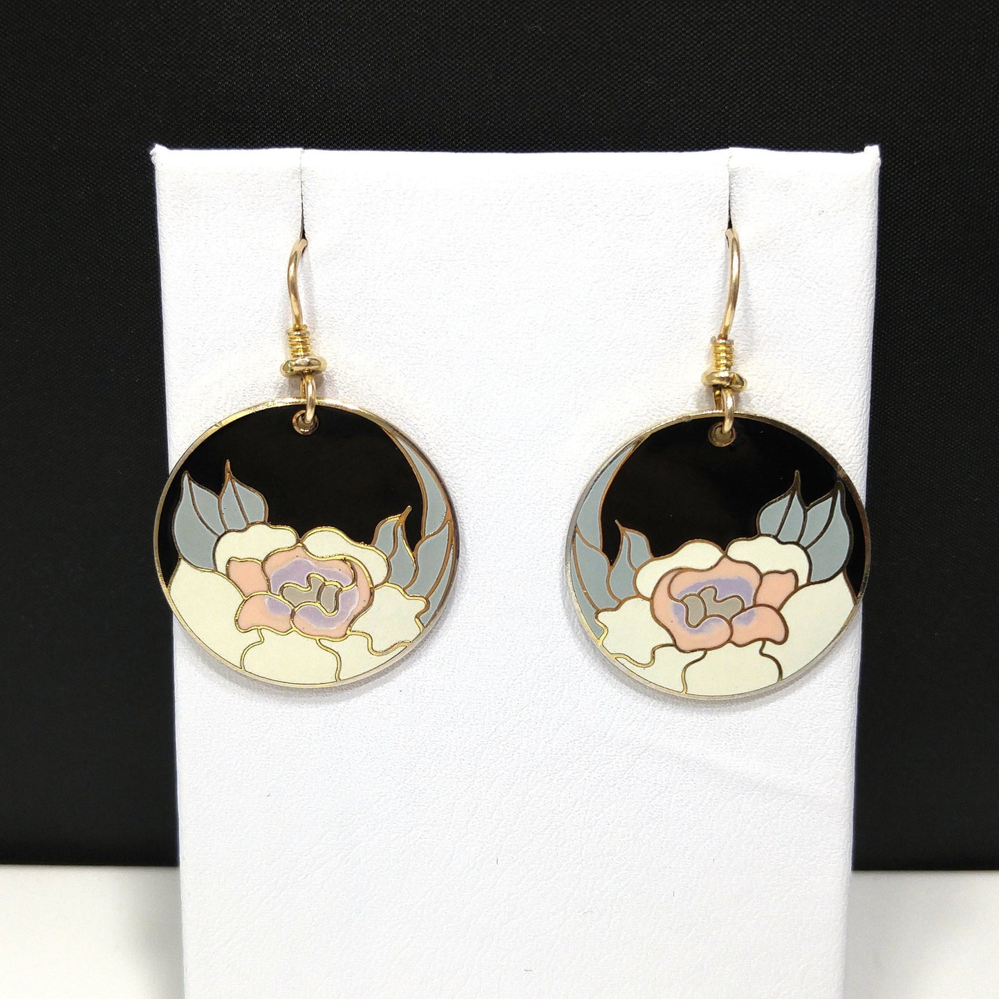 Vintage Laurel Burch "Garden Rose" Earrings, Gold Plated Cloisonné