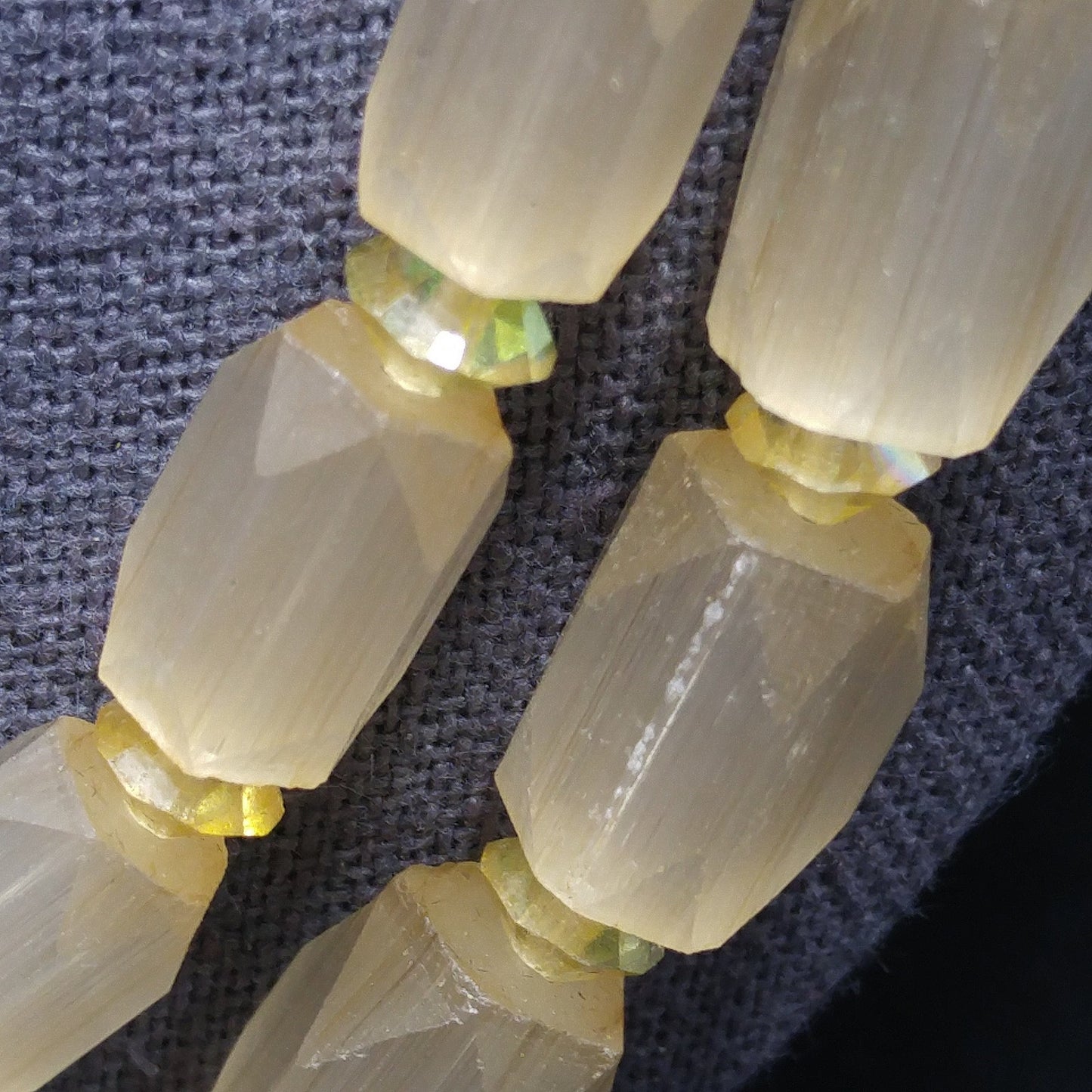 Czech Art Glass Hand Cut Satin Bead Necklace, Yellow Fire Polished Crystals