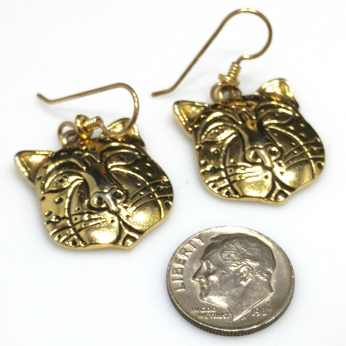 Laurel Burch Tiger Face Dangle Earrings, Gold Plated, 1980s Vintage Jewelry