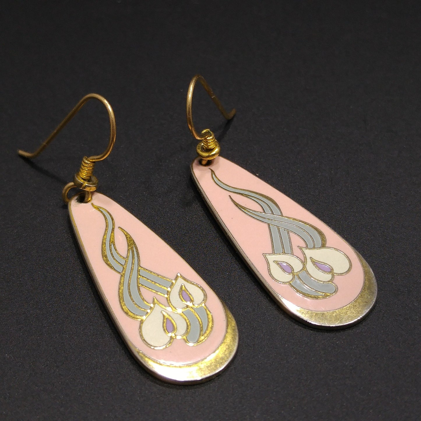 Laurel Burch "Wild Anthurium" Pink Dangle Earrings, Gold Plated, Cloisonné Enamel, 1980s Vintage Jewelry