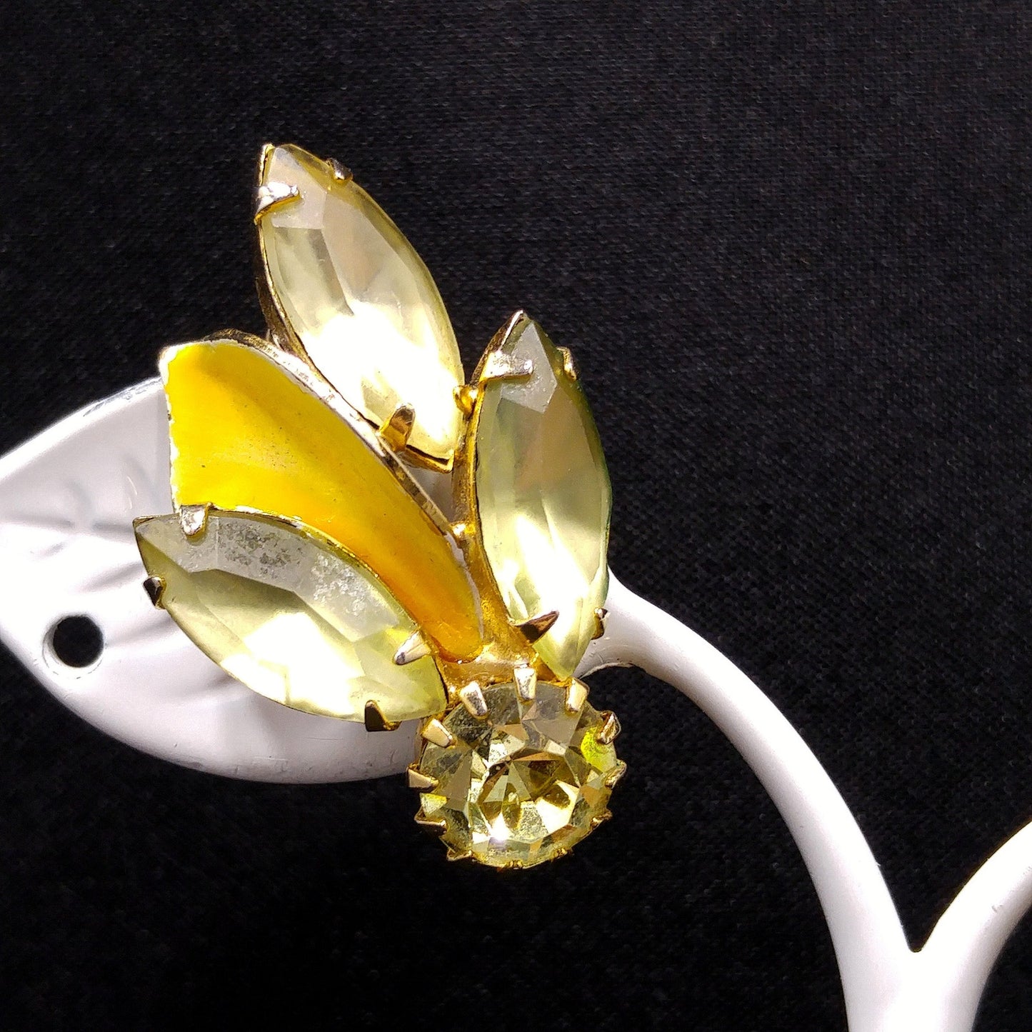 Weiss Yellow Enamel Jonquil Rhinestone Clip Earrings, Gold Plated, 1950s Vintage