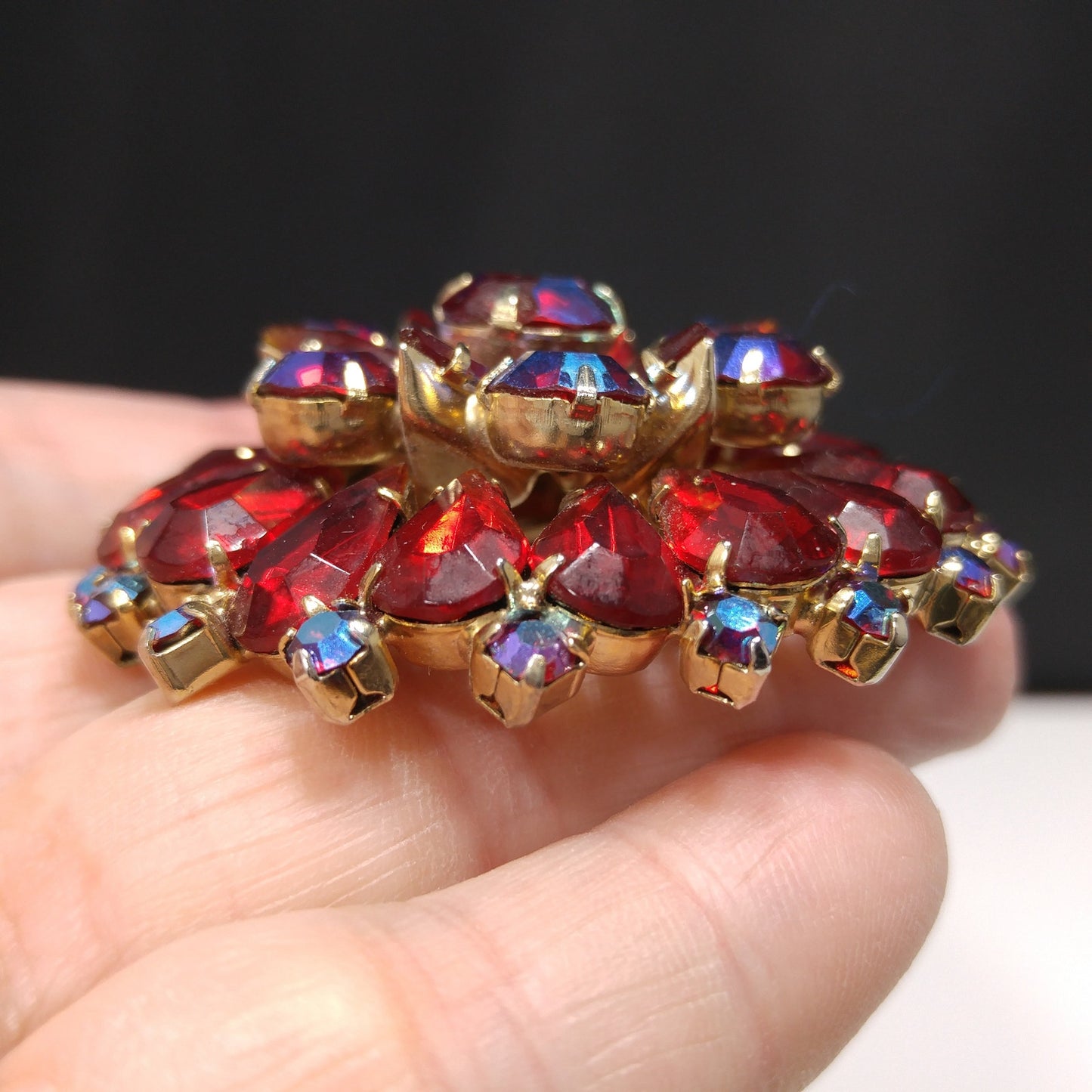 Ruby Red Rhinestone Brooch, Aurora Borealis, Gold Plated, 1960s Vintage Jewelry
