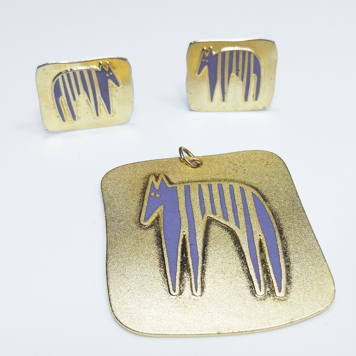 Laurel Burch "Striped Beast" Pendant & Earrings, Brass Purple Enamel, 1980s