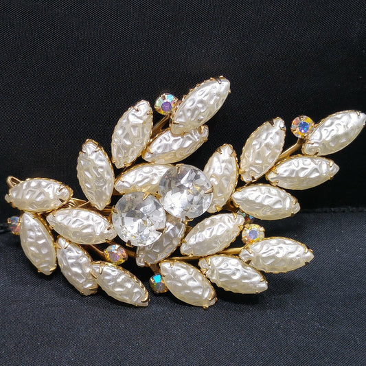Lava Glass Floral Brooch, Aurora Borealis Rhinestones, 1950s Vintage Jewelry