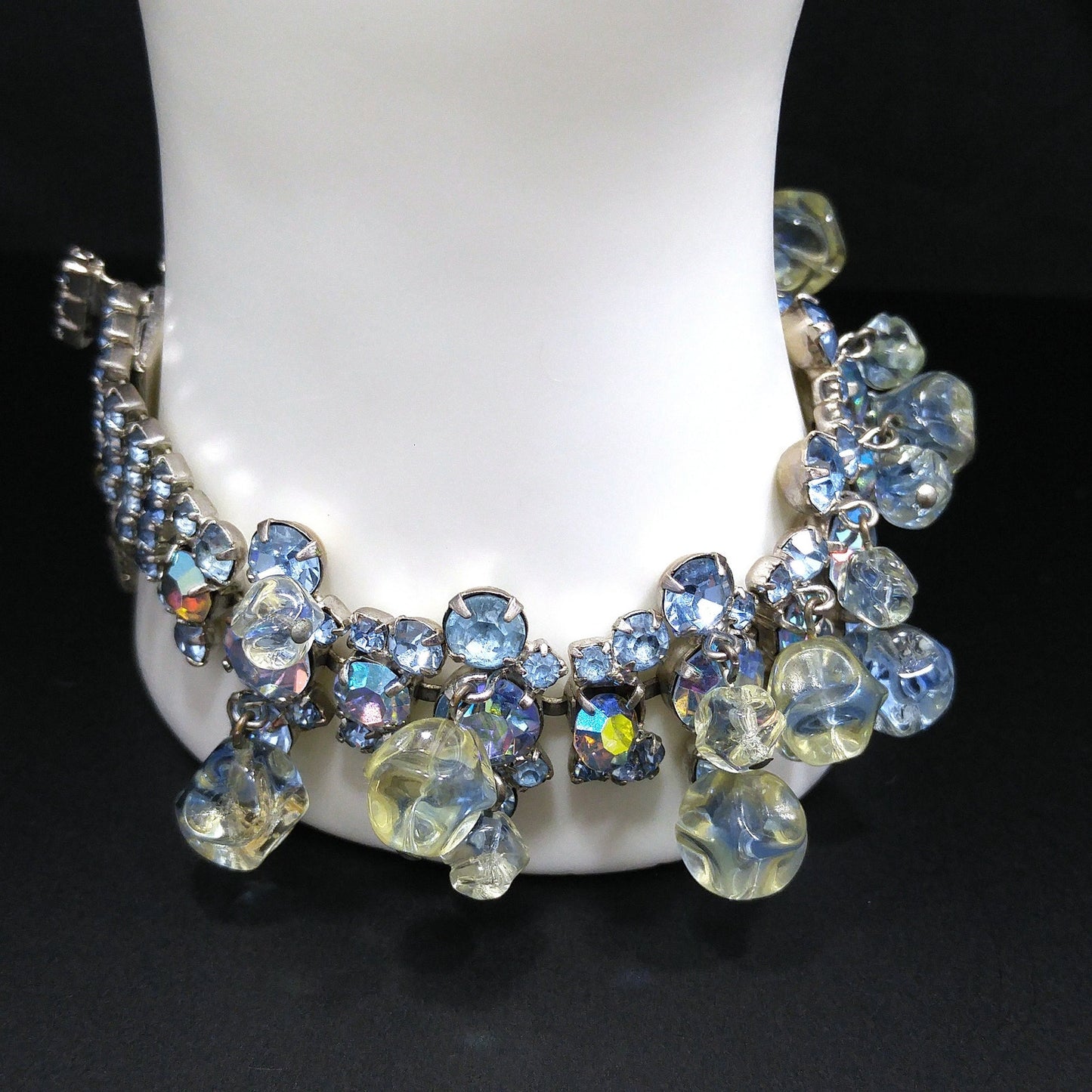 Light Blue AB Rhinestone Bracelet, Glass Dangle Clear Beads, Rhodium Plated, 1950s Vintage Jewelry