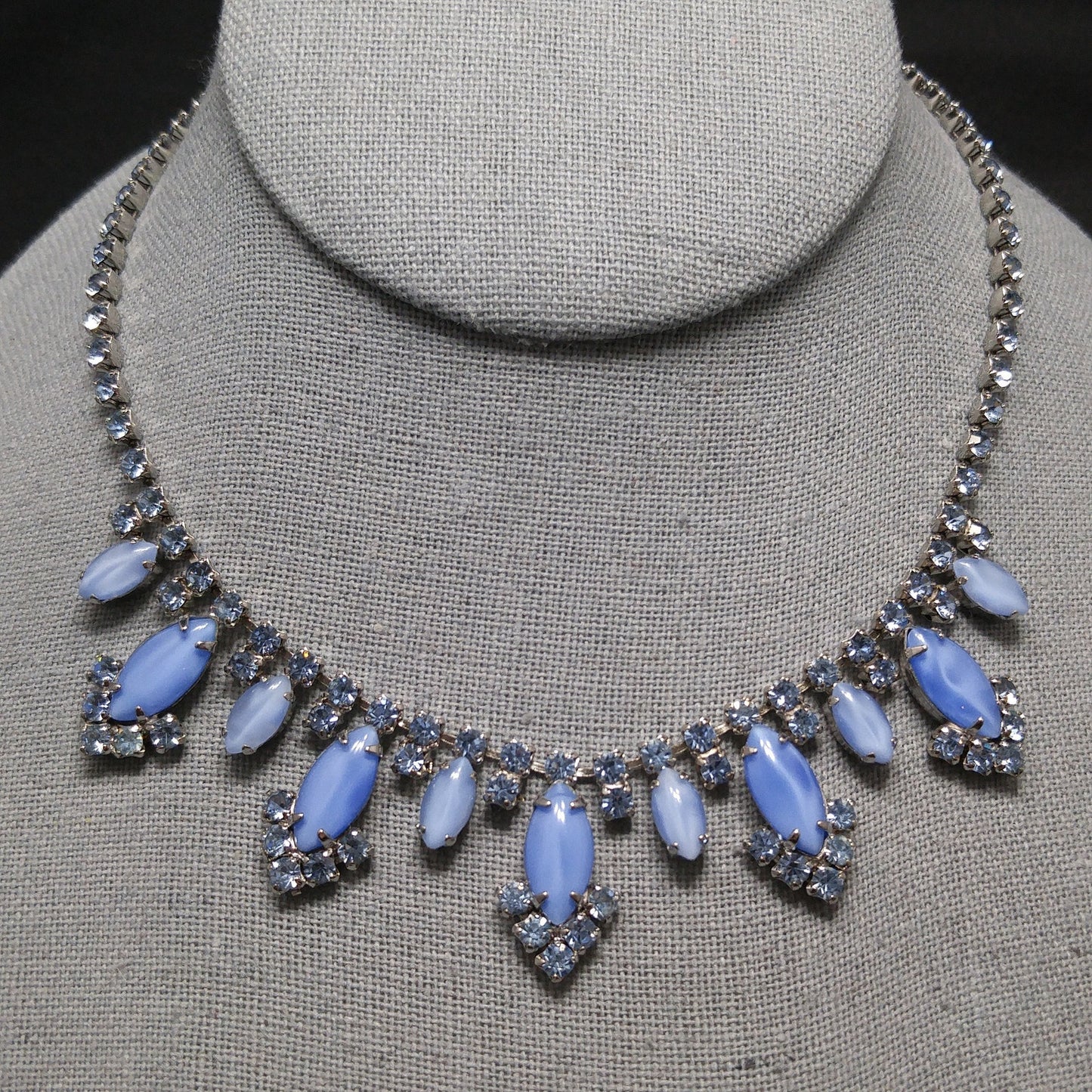 Blue Art Glass Rhinestone Necklace, Rhodium Plated, 1960s Vintage Jewelry