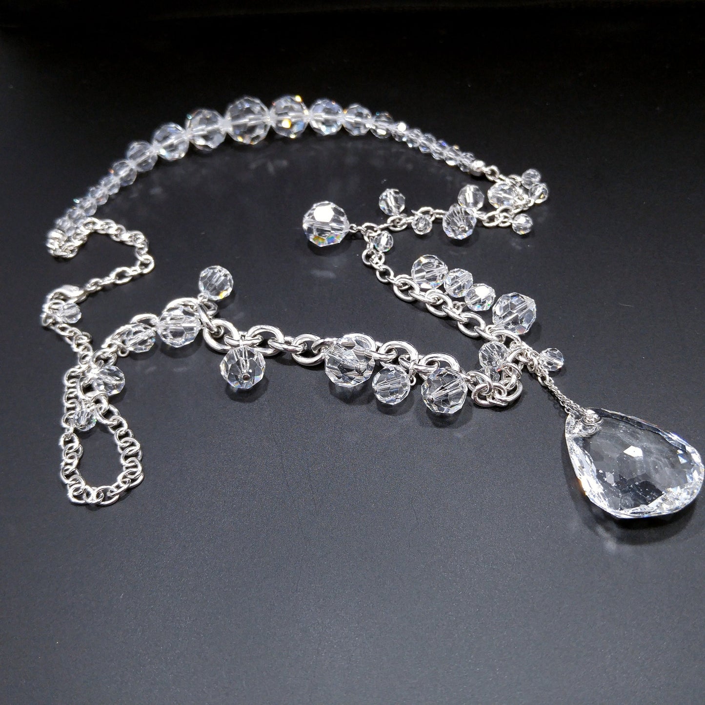 Vintage Swarovski Swan Logo Long Crystal Necklace Teardrop Pendant 1990s