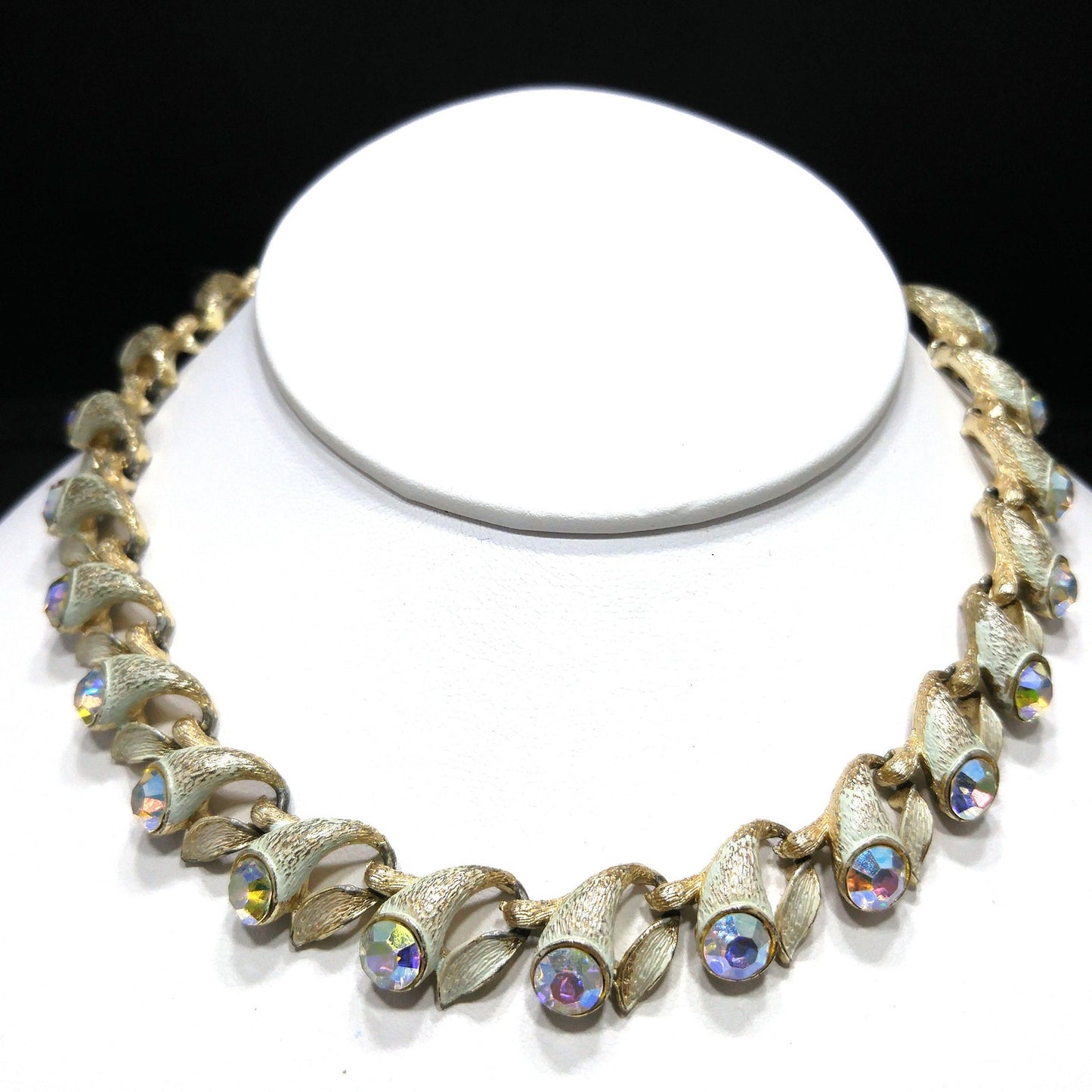 Brushed Gold Tone White Enamel Choker Necklace, Aurora Borealis Rhinestones, 1960s Vintage Jewelry
