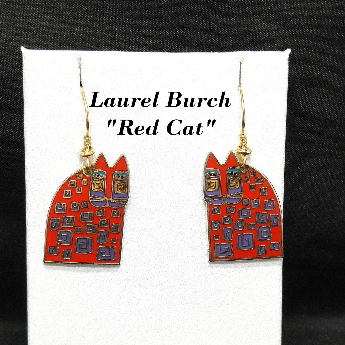 Laurel Burch "Red Cat" Earrings, Gold Plated, Red Enamel, 1980s Vintage Jewelry