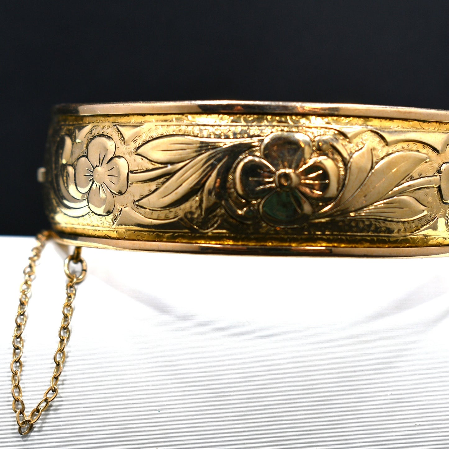 S O Bigney Gold Filled Floral Hinged Bracelet, Safety Chain, 1930s Vintage Jewelry