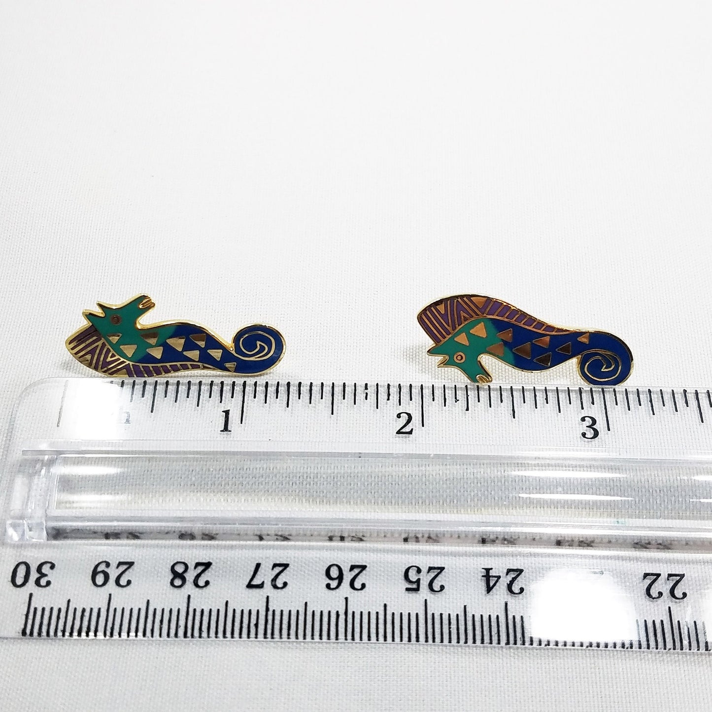 Vintage Laurel Burch "Sea Stallion" Post Earrings Teal Lavender & Gold SEA HORSE