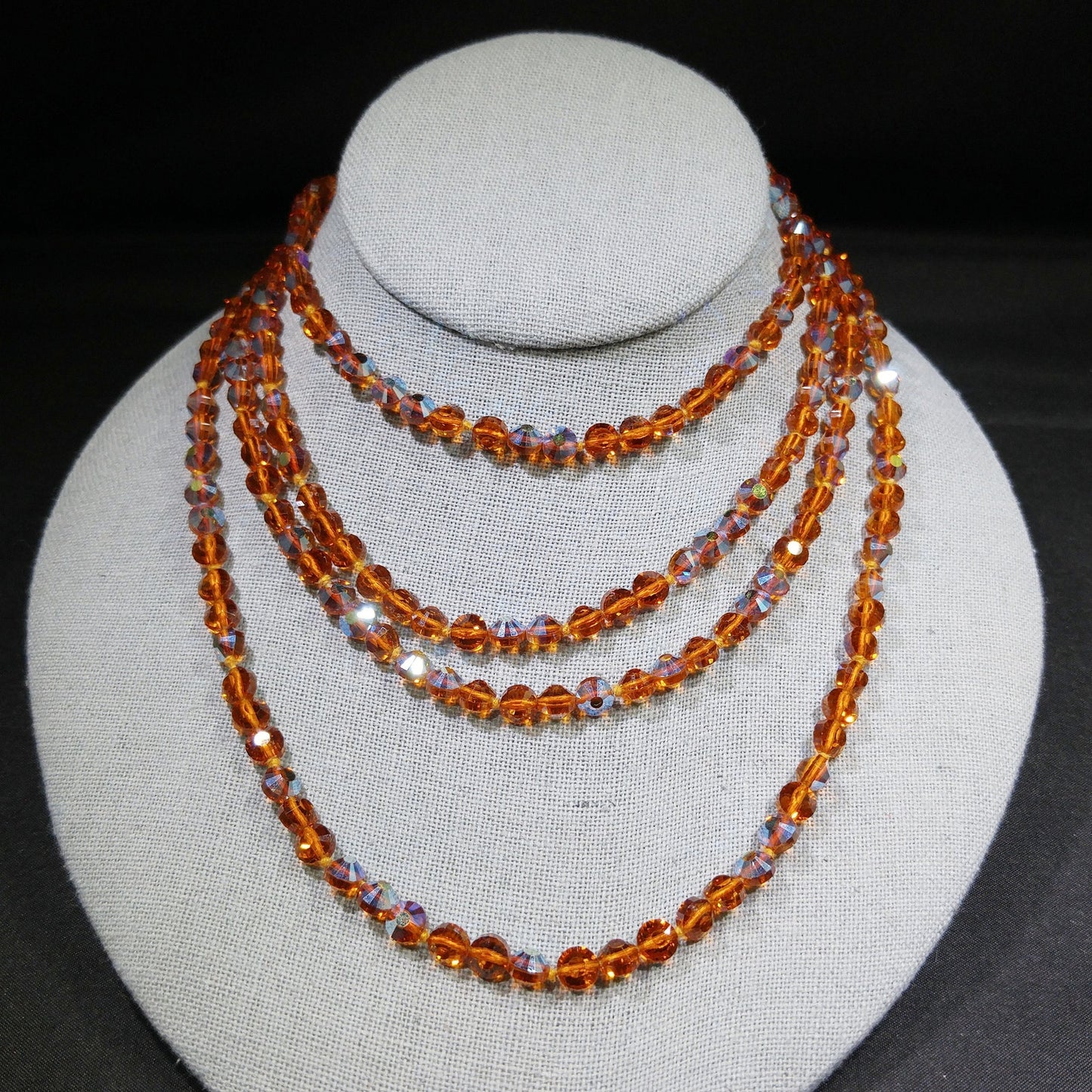 Topaz Austrian Crystal Beaded Necklace, 60 Inches, Aurora Borealis, 1960s Vintage Jewelry