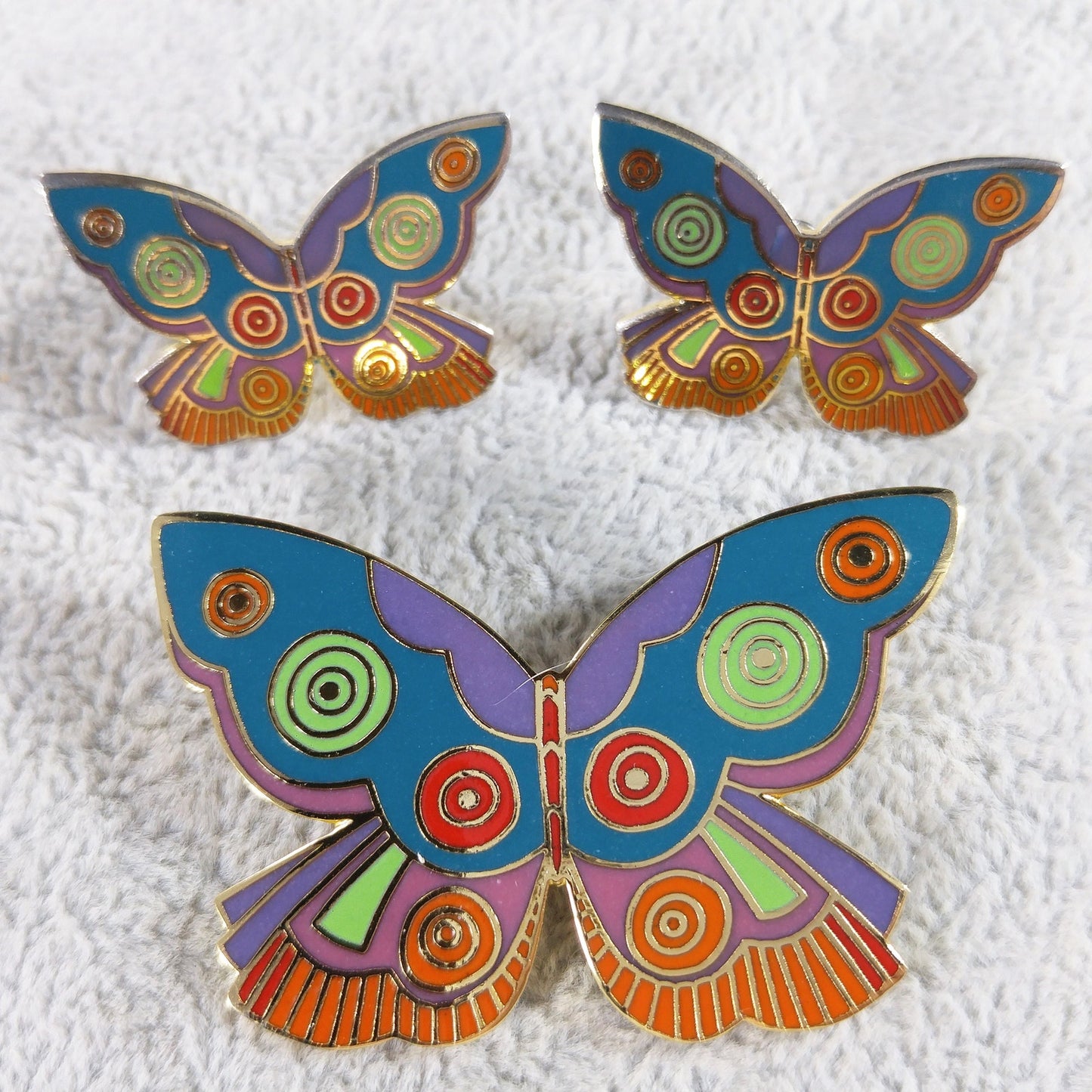 Laurel Burch "Summer Butterfly" Brooch & Earrings, Gold Plated Cloisonne' Enamel, 1980s Vintage Jewelry