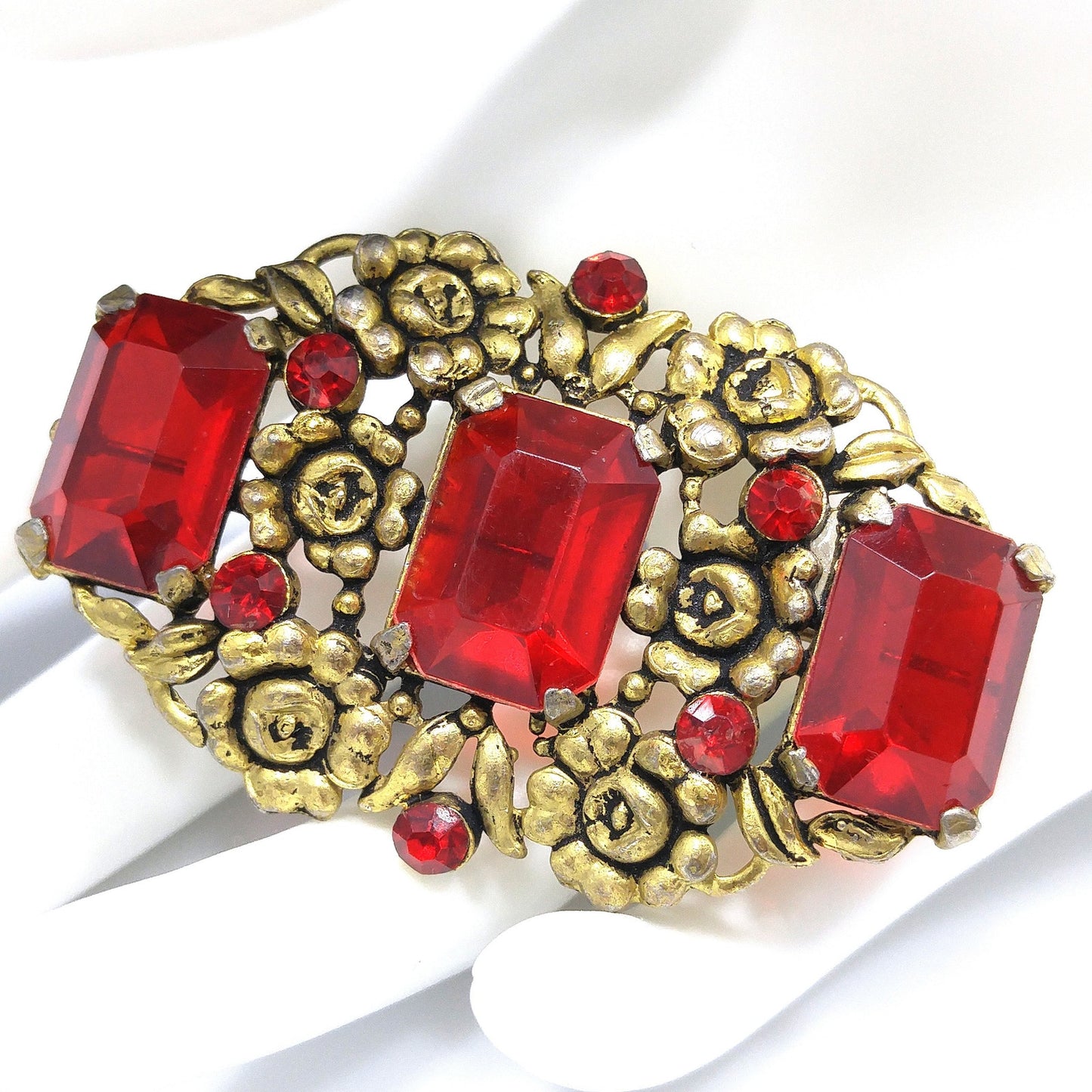 Art Nouveau Red Glass Floral Brooch, Three Red Emerald Cut Stones, 1930s Vintage Jewelry