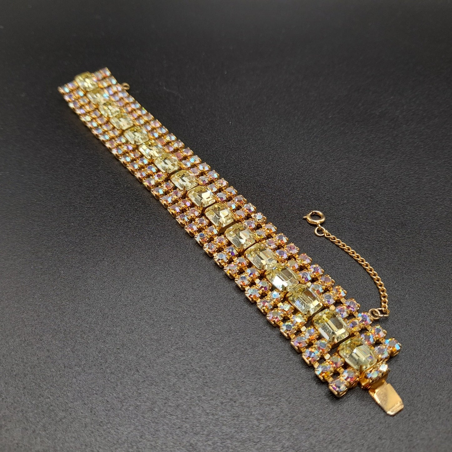 Jonquil Aurora Borealis Rhinestone Wide Bracelet, Gold Plated, 1960s Vintage Jewelry