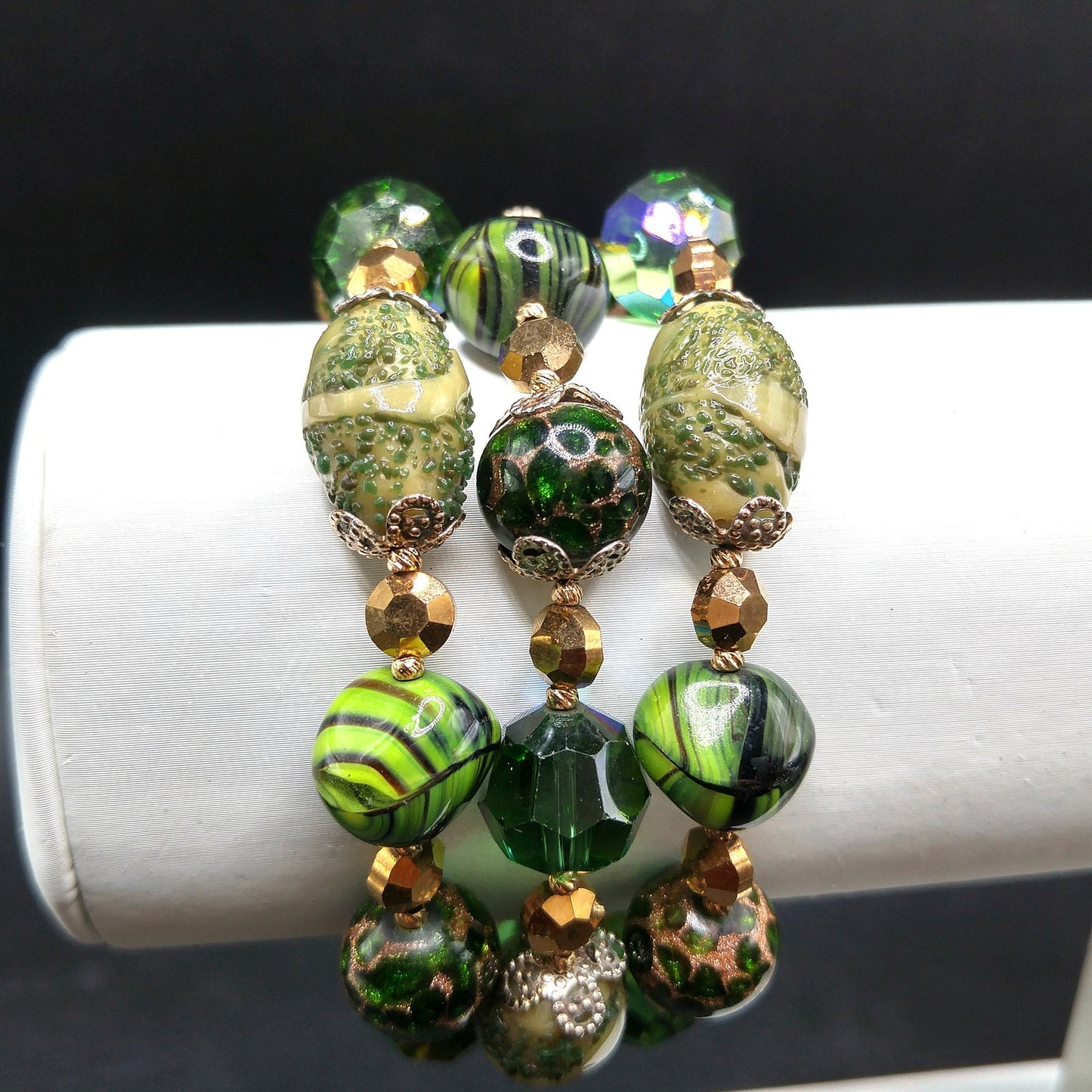 Vintage Vendome Green Crystal Art Bead Bracelet, Three Strands, 1960s