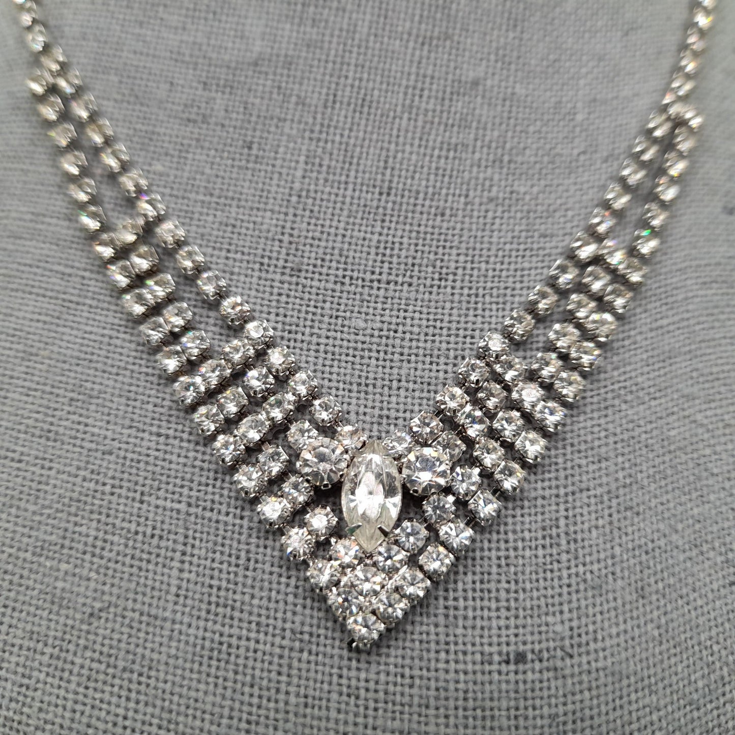 Eisenberg Ice Clear Rhinestone Necklace, Mid-Century Rhodium Plated, 1960s Vintage Jewelry