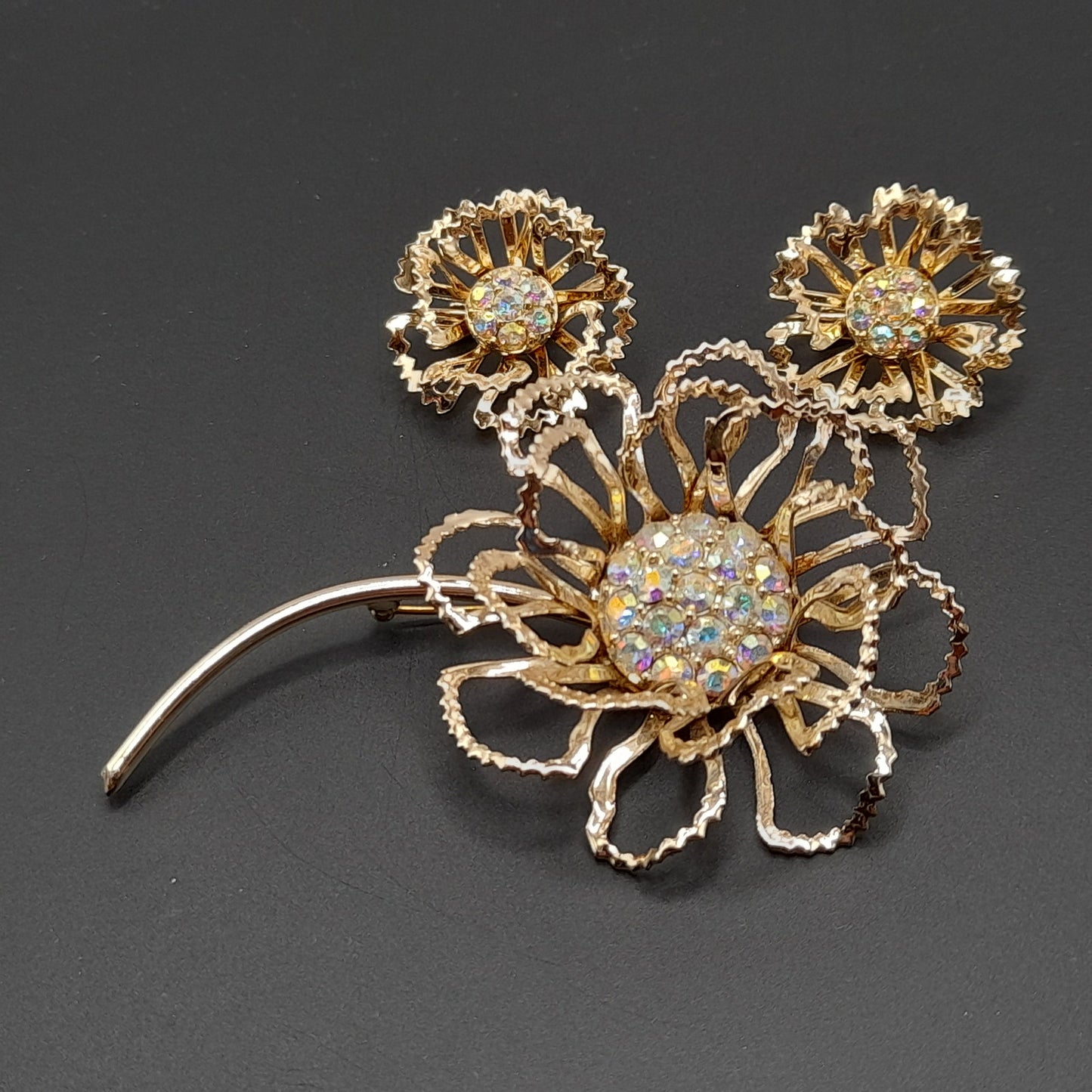 Vintage Sarah Coventry AB Rhinestone Centers Gold Tone Flower Brooch Clip Earrings Set